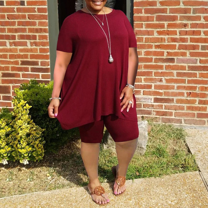 Last Day 48%OFF-Plus Size Ruffled Hem Solid Color Top & Shorts