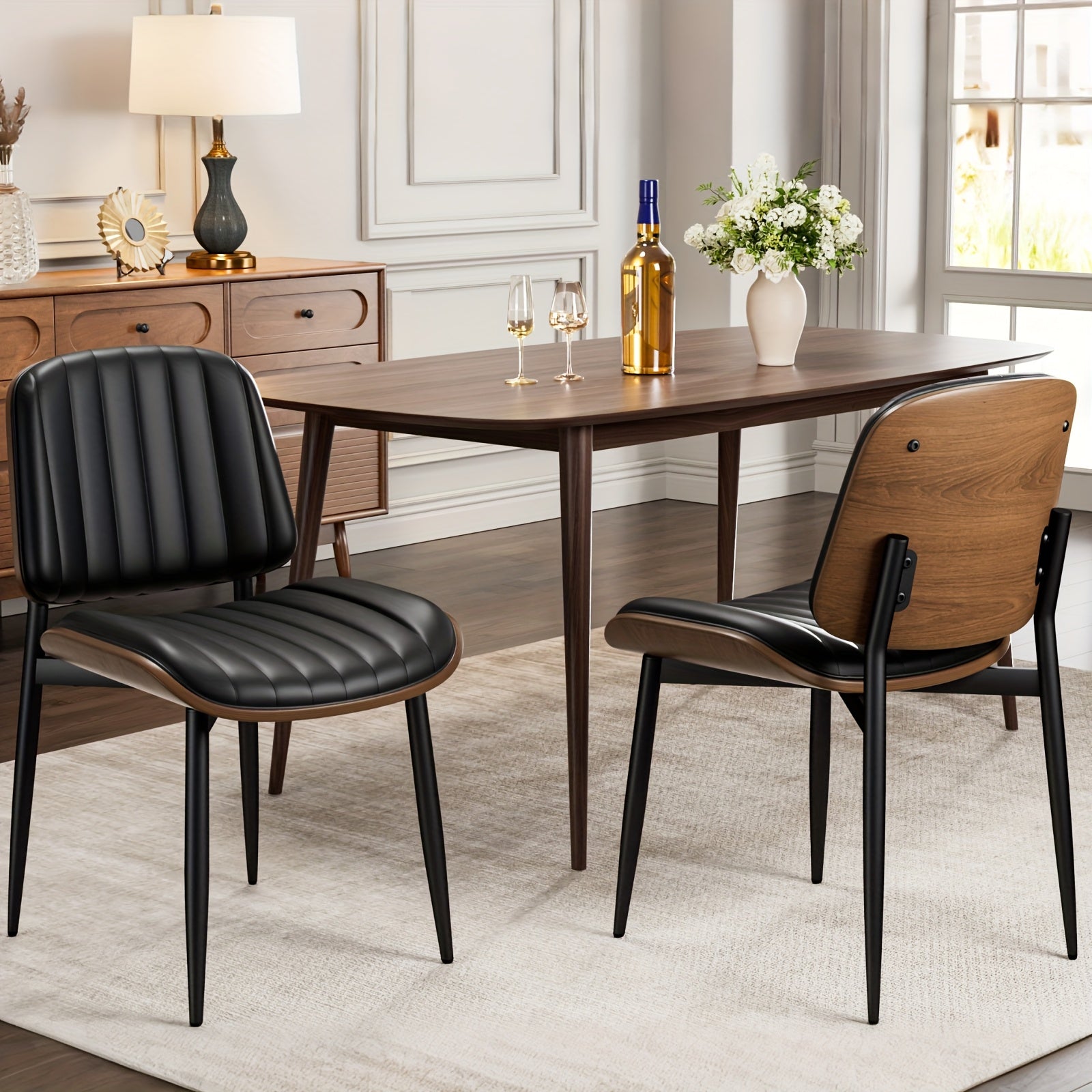 Dining Chair Set of 2, Shell Pattern Upholstered PU Leather with Adjustable Feet, Sponge Backrest and Metal Legs, Suitable for Home Restaurant & Kitchen, Kitchen Seating and Restaurant Chairs, Stylish Seating with Contemporary Design, Highquality Leather