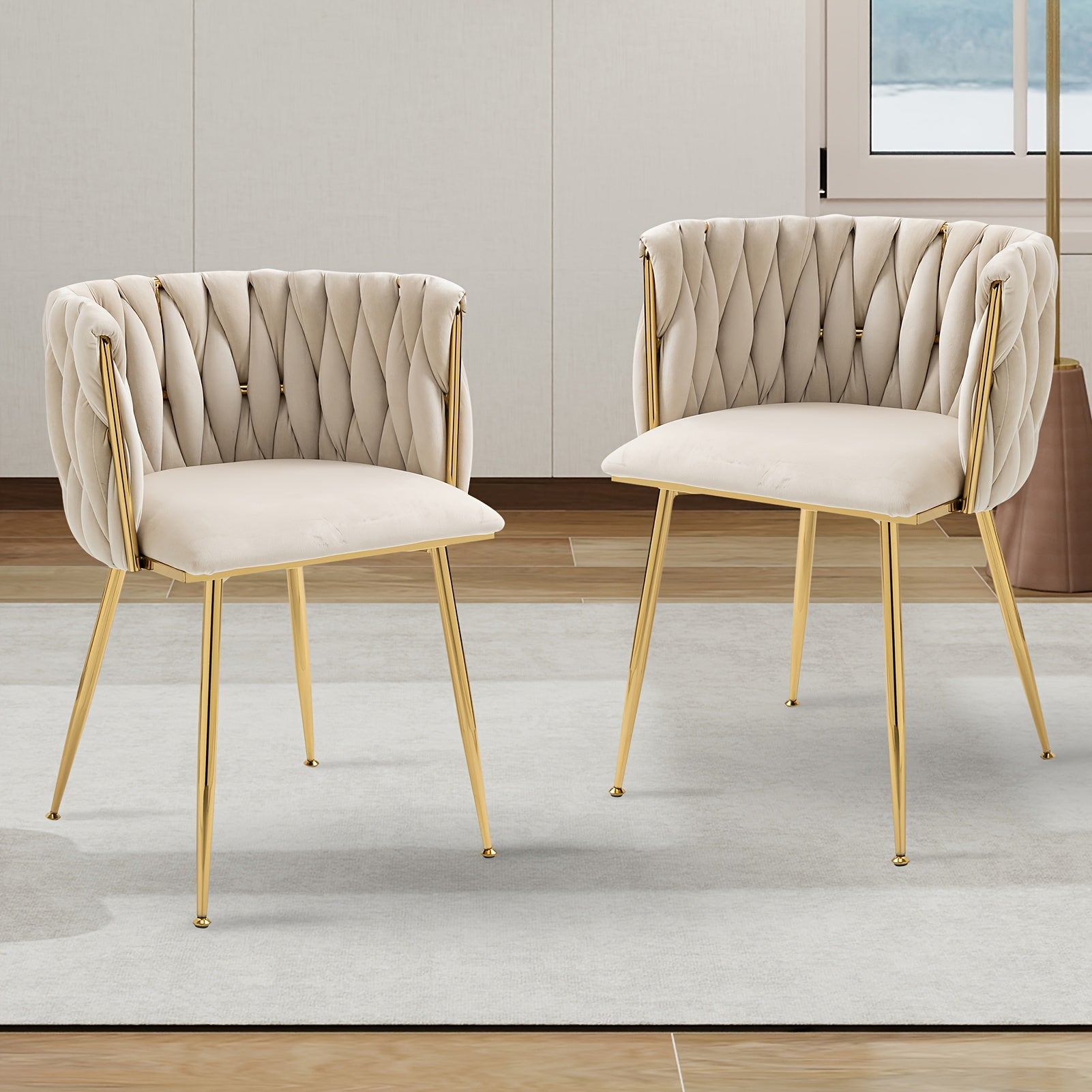 Velvet Dining Chairs Set of 2, Accent Chairs With Golden Metal Legs, Woven Upholstered, For Living Room\u002FBedroom\u002FKitchen