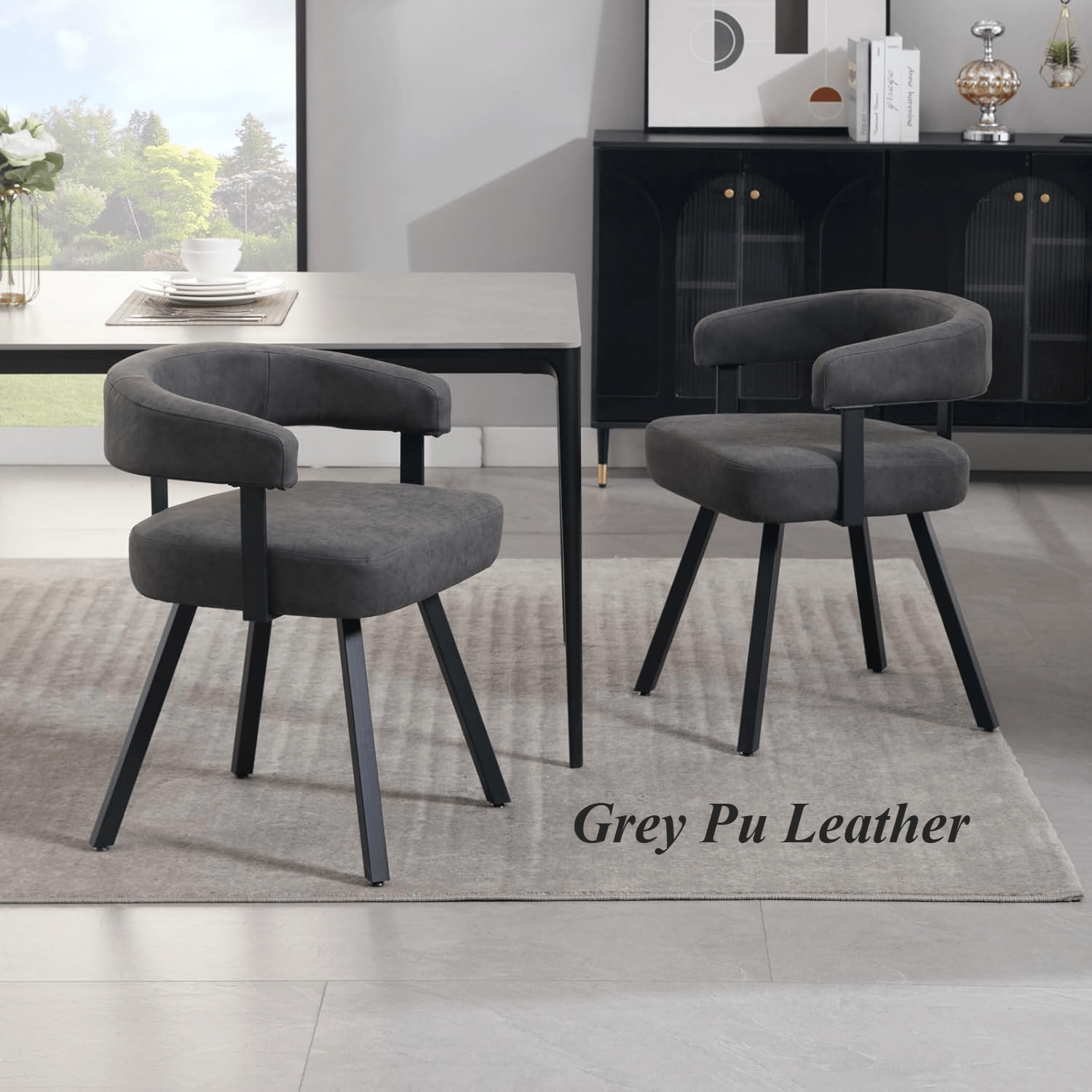 2Pcs Modern Simple and Elegant Bucket Shaped Dining Chairs, PU Chenille Cushioned Dining Chairs with Armrests, Comfortable Kitchen Chairs with Black Metal Legs, Suitable for Dining\u002F living Rooms