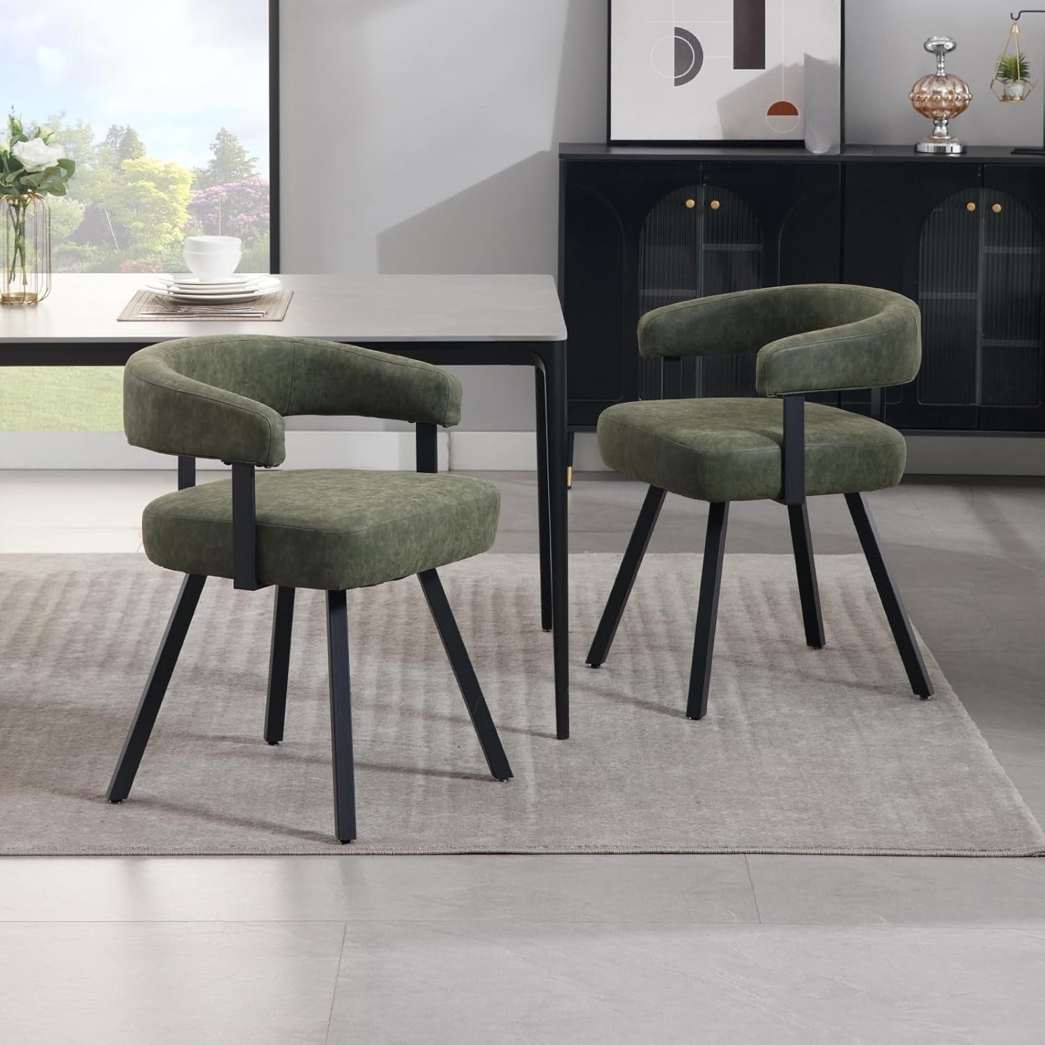 2Pcs Modern Simple and Elegant Bucket Shaped Dining Chairs, PU Chenille Cushioned Dining Chairs with Armrests, Comfortable Kitchen Chairs with Black Metal Legs, Suitable for Dining\u002F living Rooms