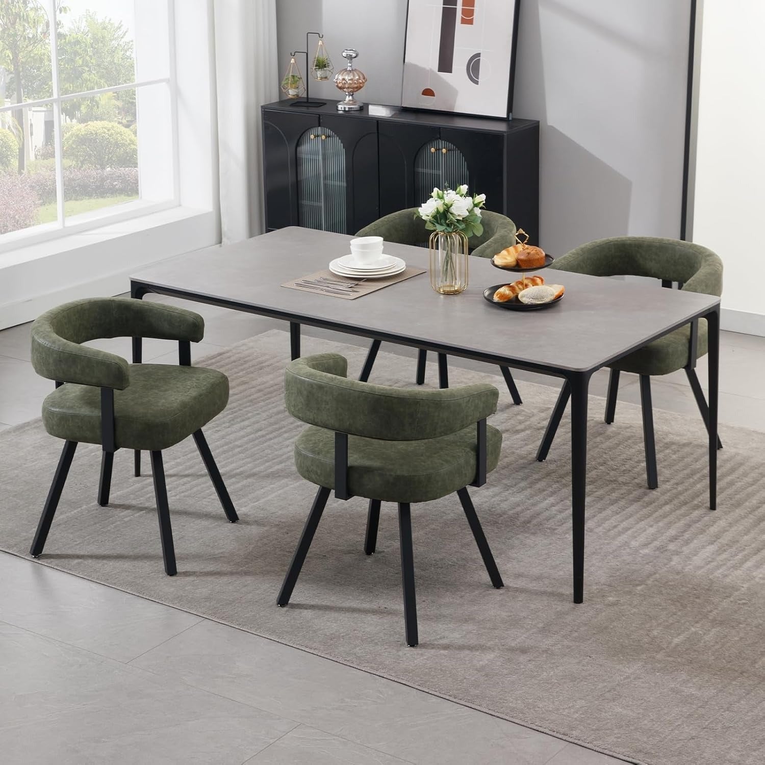 2Pcs Modern Simple and Elegant Bucket Shaped Dining Chairs, PU Chenille Cushioned Dining Chairs with Armrests, Comfortable Kitchen Chairs with Black Metal Legs, Suitable for Dining\u002F living Rooms