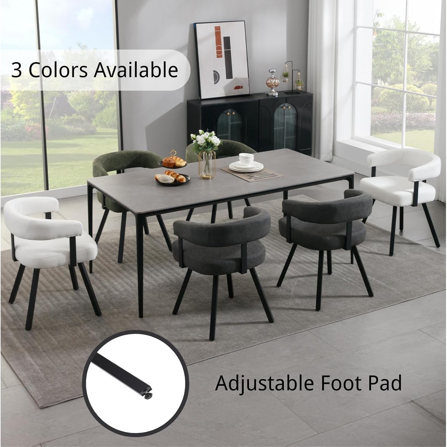 2Pcs Modern Simple and Elegant Bucket Shaped Dining Chairs, PU Chenille Cushioned Dining Chairs with Armrests, Comfortable Kitchen Chairs with Black Metal Legs, Suitable for Dining\u002F living Rooms