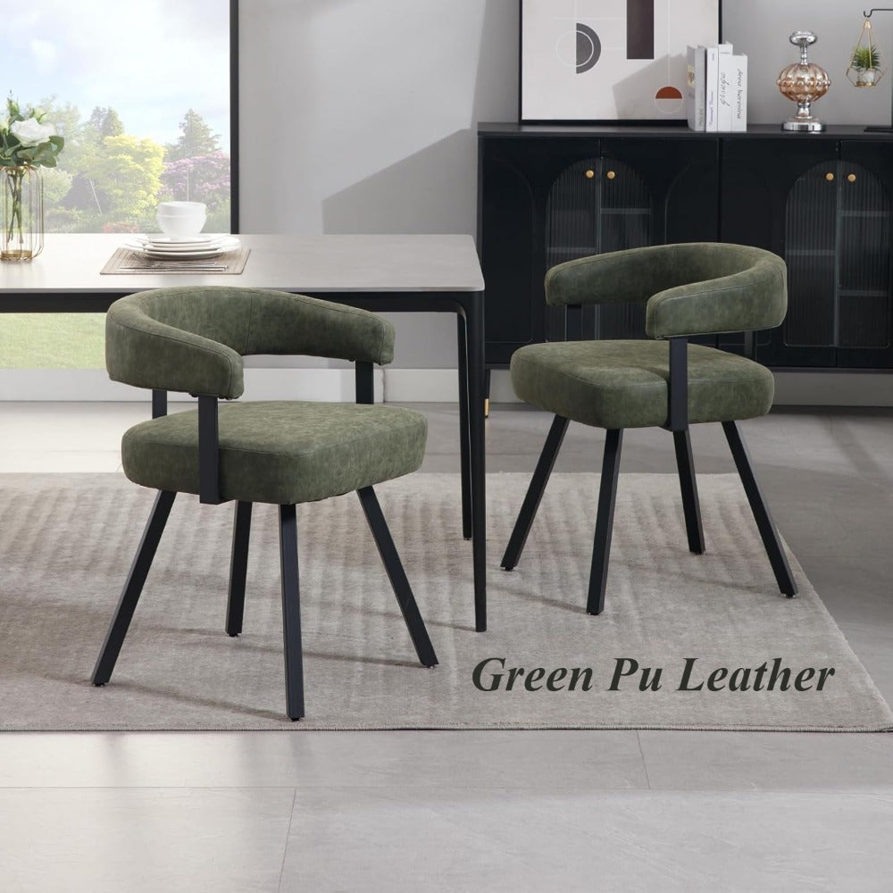 2Pcs Modern Simple and Elegant Bucket Shaped Dining Chairs, PU Chenille Cushioned Dining Chairs with Armrests, Comfortable Kitchen Chairs with Black Metal Legs, Suitable for Dining\u002F living Rooms
