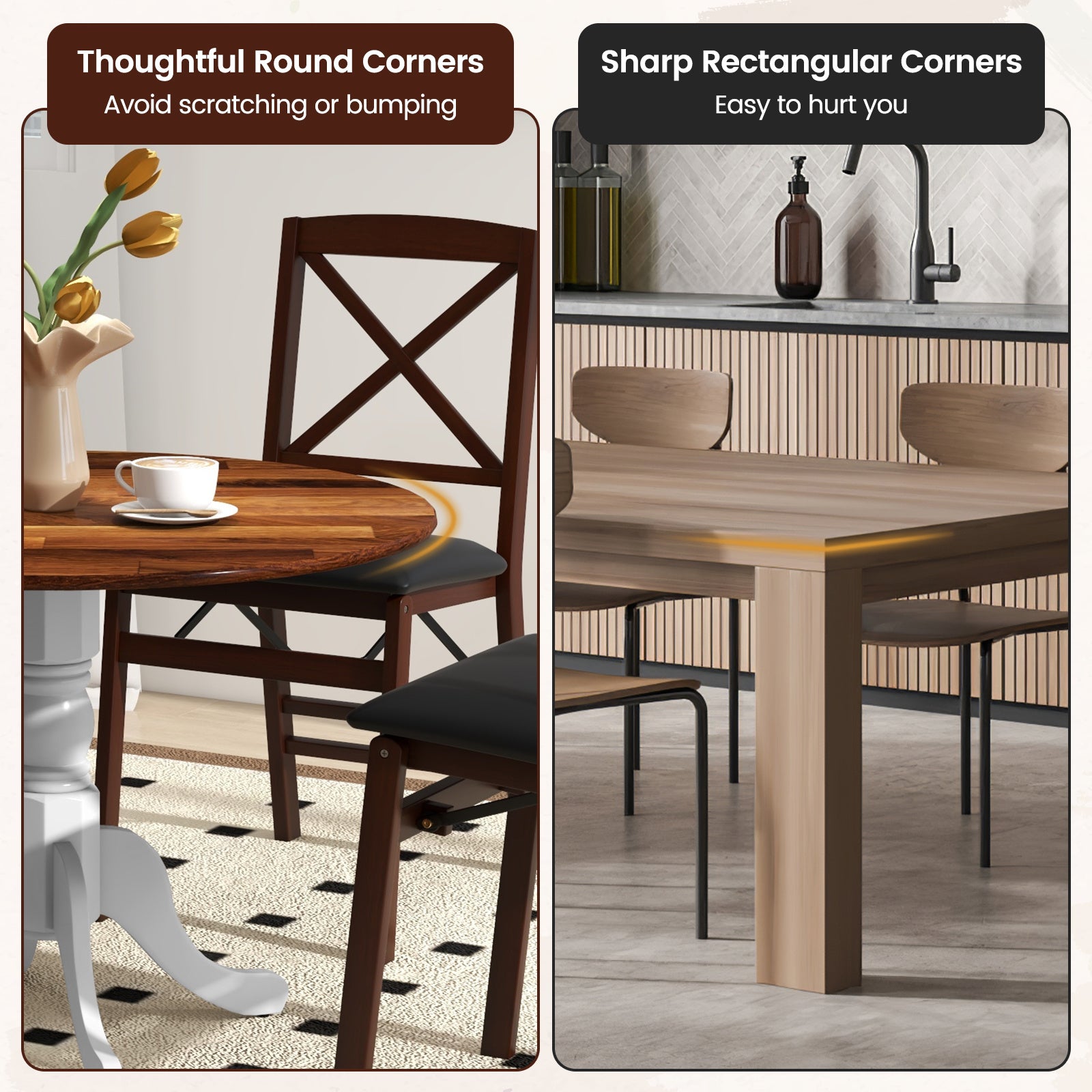 1pc MULTIGOT Mid-Century Rustic Round Dining Table, 4-Seater Solid Rubber Wood Frame with Curved Trestle Legs and Adjustable Foot Pads for Kitchen, Dining Room, Living Room