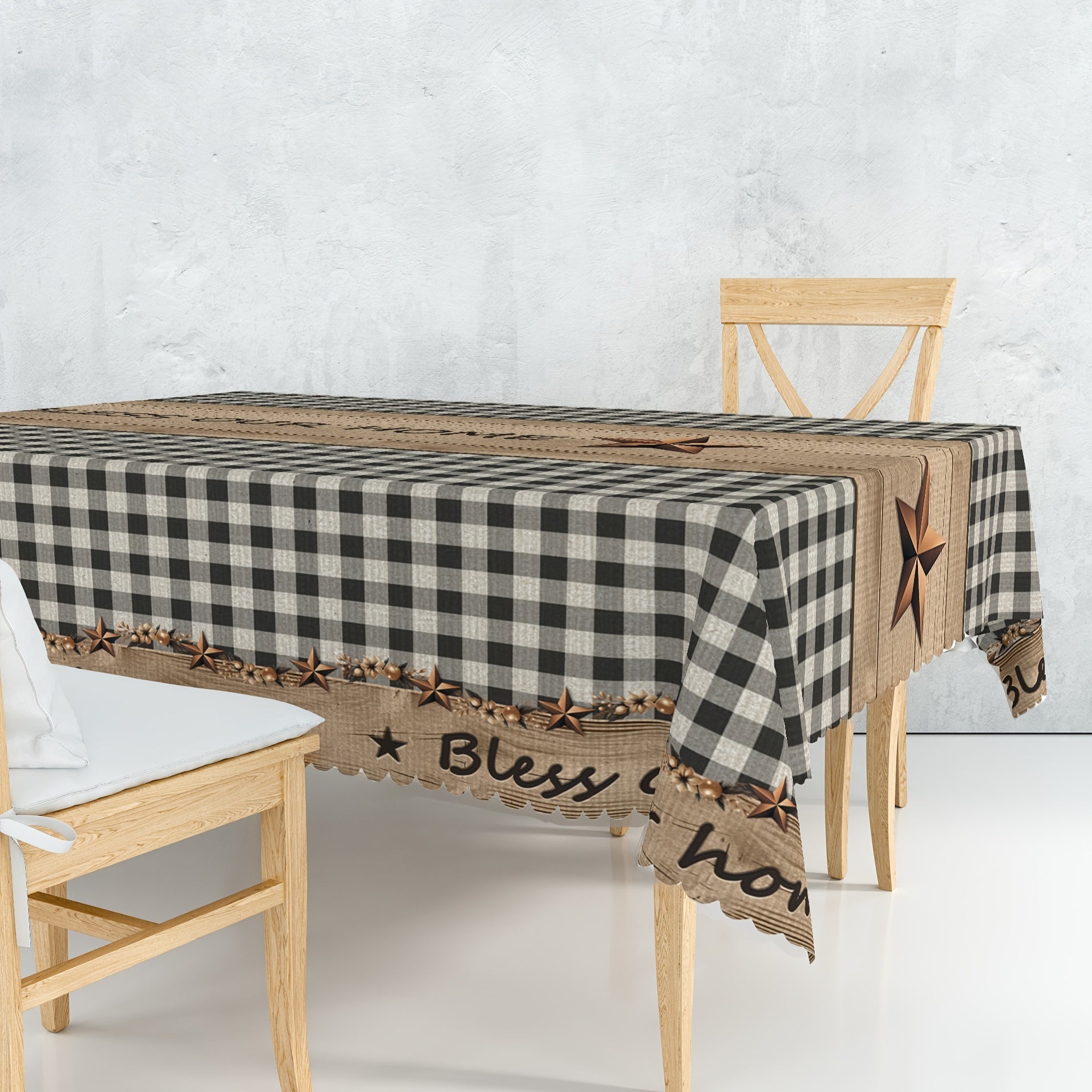 1pc Farmhouse Style Vintage Country Star Black Plaid | Decorative Dining Cloth, Polyester, Round & Rectangular Tablecloth, Indoor\u002FOutdoor, Stain &, Wrinkle-Free, Easy Care, Edge Embossed, Washable, Suitable for Dinner Party, Wedding, Home