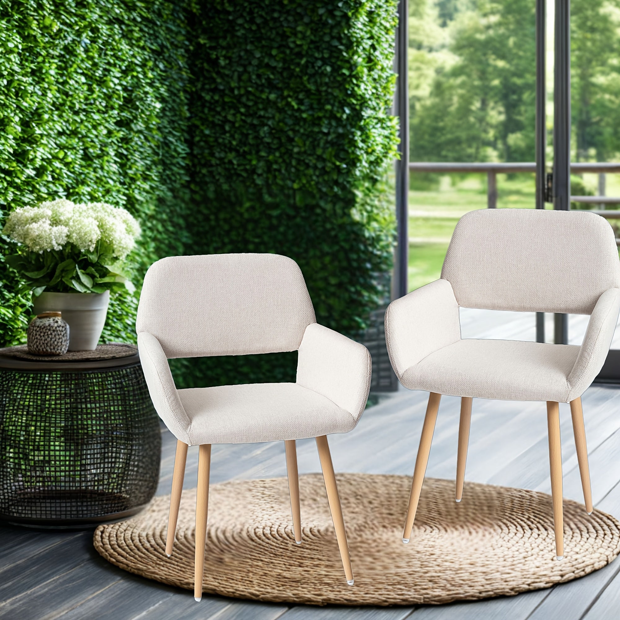 2pcs Ergonomic Dining Chairs FurnitureR Set of 2 Ergonomic Mid-Back Dining Chairs with Armrests | Steel Bracket, Hemp Cloth Seat, Solid Back, Wipe Clean Maintenance | for Patio, Balcony, Garden, Deck, Suitable for Adult, Ideal for Christmas, Halloween, Ea