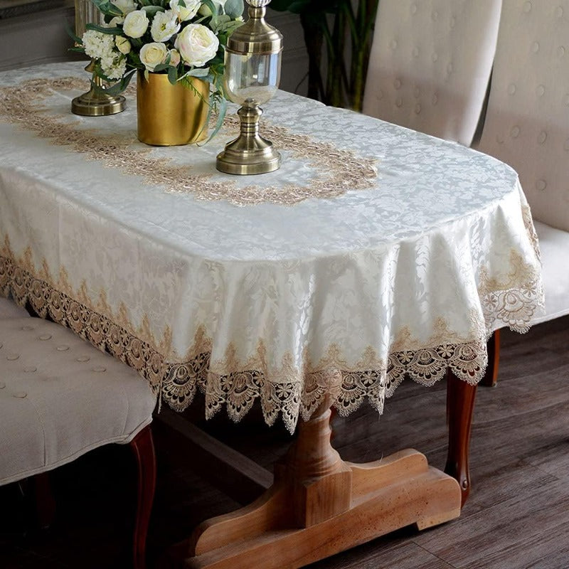 Lace Table Cloths Oval Fall Vintage Flower Decor Macrame Tablecloth | Handcrafted, Light Brown, 52 x 70 Inch for Outdoor Farmhouse Rustic Kitchen Party Birthday Picnic