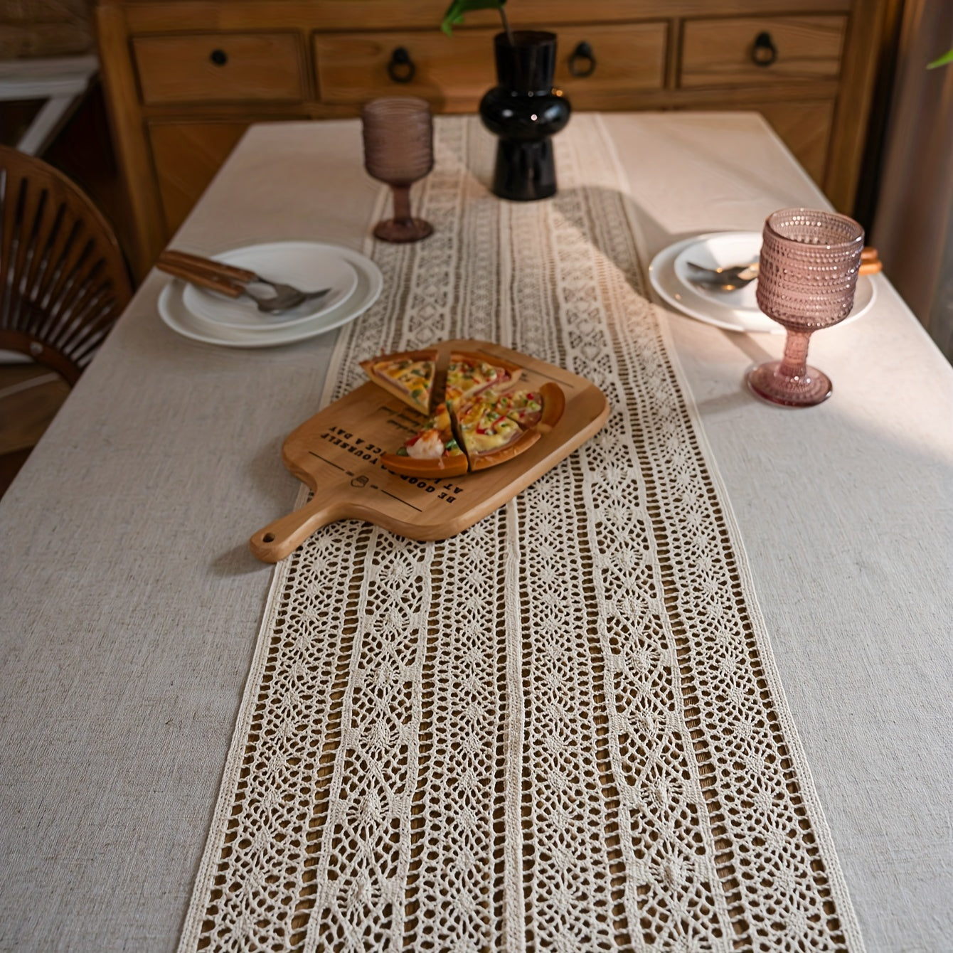 1pc Bohemian Hand-Crocheted Polyester Hemp Tablecloth | Retro Hollow Beige Fringed, Suitable for Christmas, Picnic, Dust Decoration, Square Shape, 110-120gsm