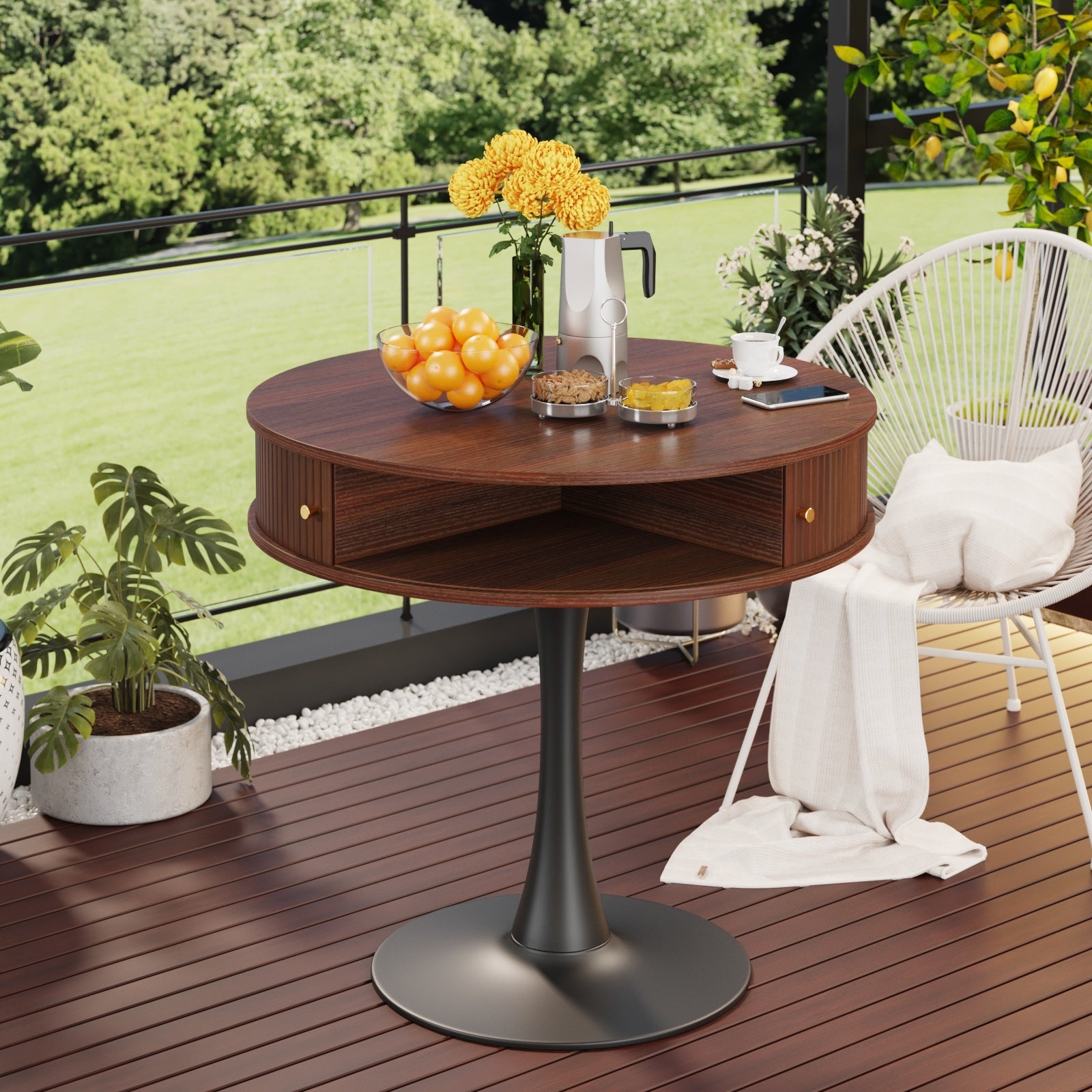 31.5-inch Round Dining Table | Suitable for 2-3 People, Farmhouse-style Wooden Kitchen Table with Mid-century Modern Design, Metal Base, Two Sliding Doors, Four Hidden Storage Compartments, Ideal for Small Spaces, Apartments, Cafes