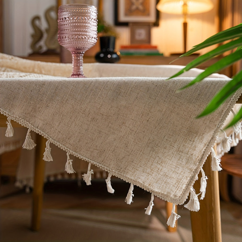 1pc Bohemian Hand-Crocheted Polyester Hemp Tablecloth | Retro Hollow Beige Fringed, Suitable for Christmas, Picnic, Dust Decoration, Square Shape, 110-120gsm