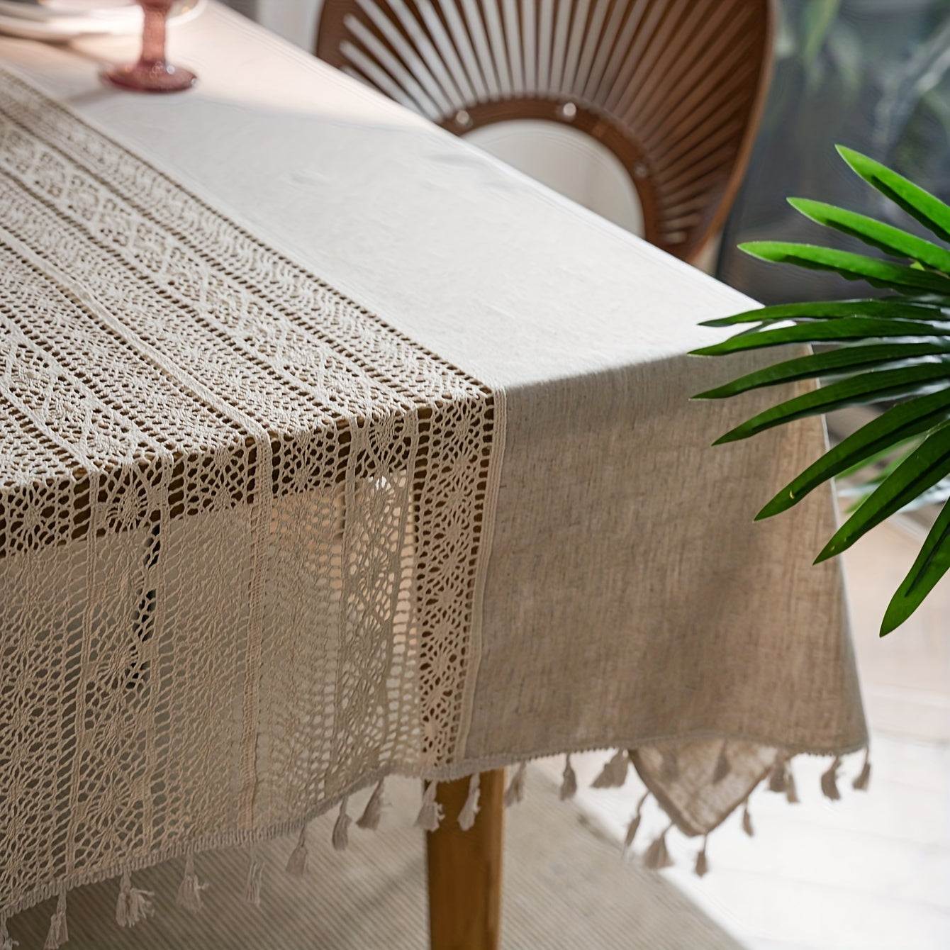1pc Bohemian Hand-Crocheted Polyester Hemp Tablecloth | Retro Hollow Beige Fringed, Suitable for Christmas, Picnic, Dust Decoration, Square Shape, 110-120gsm