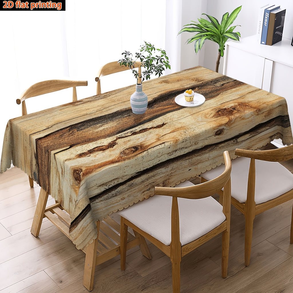 1pc 2D Flat Farmhouse Worn Wood Grain Geometric Pattern Printed Decorative Rectangular Tablecloth with Fan-Shaped Edges, Made of Durable Polyester Fabric, Suitable for Family Tablecloths, Dining Tables, Table Covers, Coffee Table Cloths