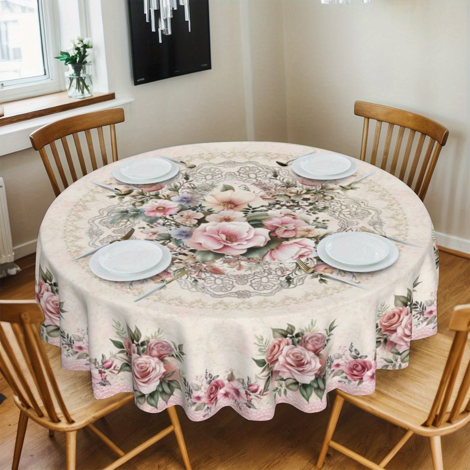 A Polyester Tablecloth Featuring a Vintage Rose Floral Pattern, Perfect for Spring And Summer Celebrations Like Valentine'S Day And Mother'S Day, Suitable for Picnics, Dinners, And Kitchen Or Restaurant Decor