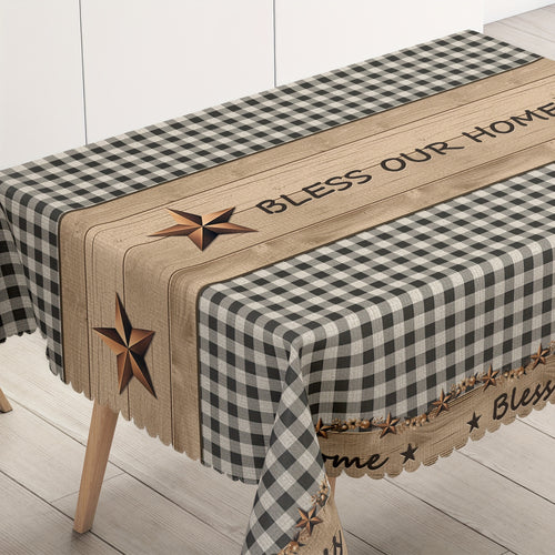 1pc Farmhouse Style Vintage Country Star Black Plaid | Decorative Dining Cloth, Polyester, Round & Rectangular Tablecloth, Indoor\u002FOutdoor, Stain &, Wrinkle-Free, Easy Care, Edge Embossed, Washable, Suitable for Dinner Party, Wedding, Home