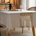 1pc Bohemian Hand-Crocheted Polyester Hemp Tablecloth | Retro Hollow Beige Fringed, Suitable for Christmas, Picnic, Dust Decoration, Square Shape, 110-120gsm