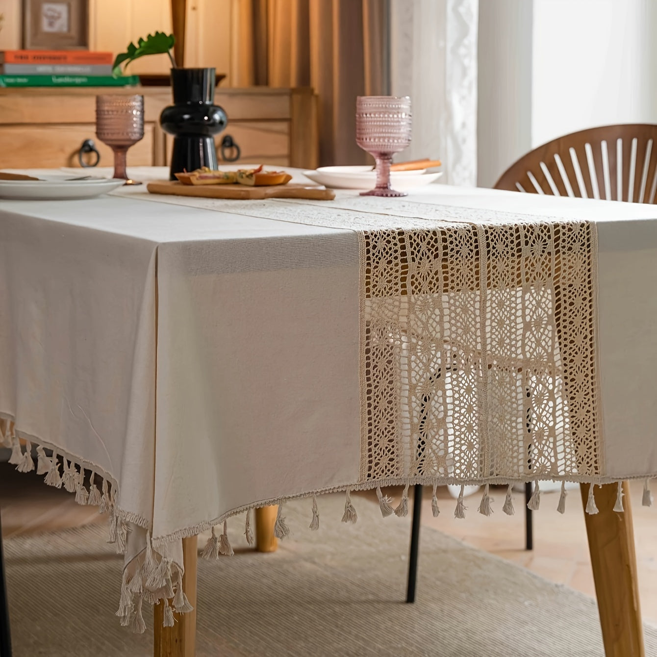 1pc Bohemian Hand-Crocheted Polyester Hemp Tablecloth | Retro Hollow Beige Fringed, Suitable for Christmas, Picnic, Dust Decoration, Square Shape, 110-120gsm