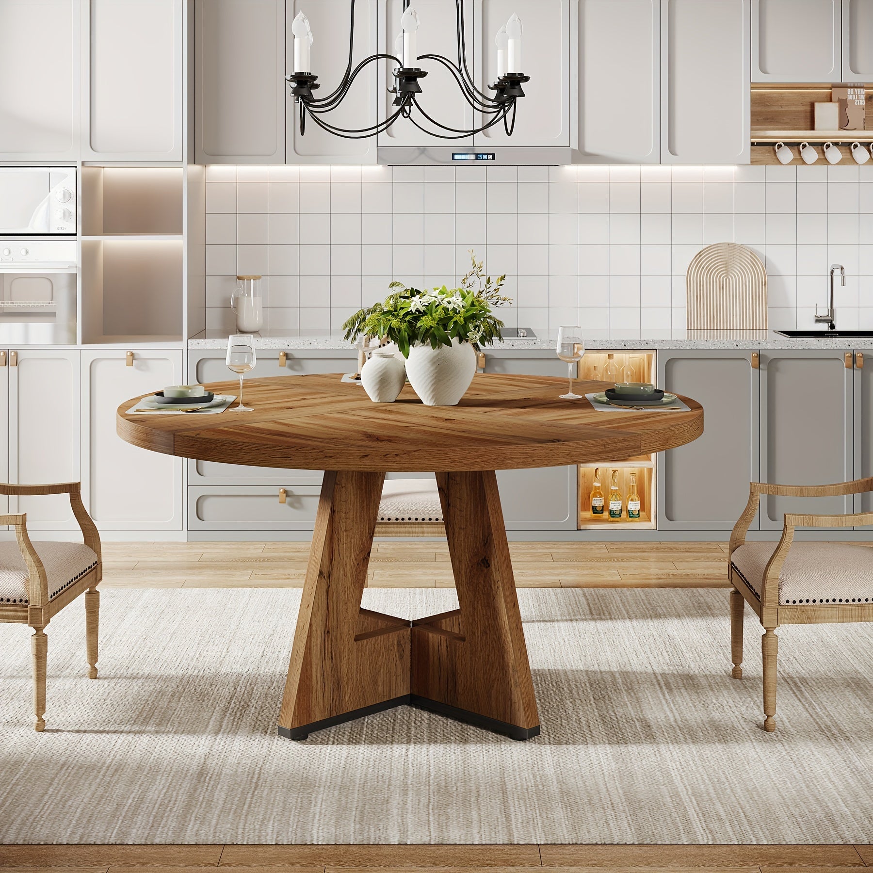 47-Inch Round Farmhouse Dining Table Suitable for 4 - Rustic Wood Table with Heavy-Duty Metal Base, MDF Top & Wood - Assembly Countryside Dinner Table, Dining Room or \u002FOutdoor Use