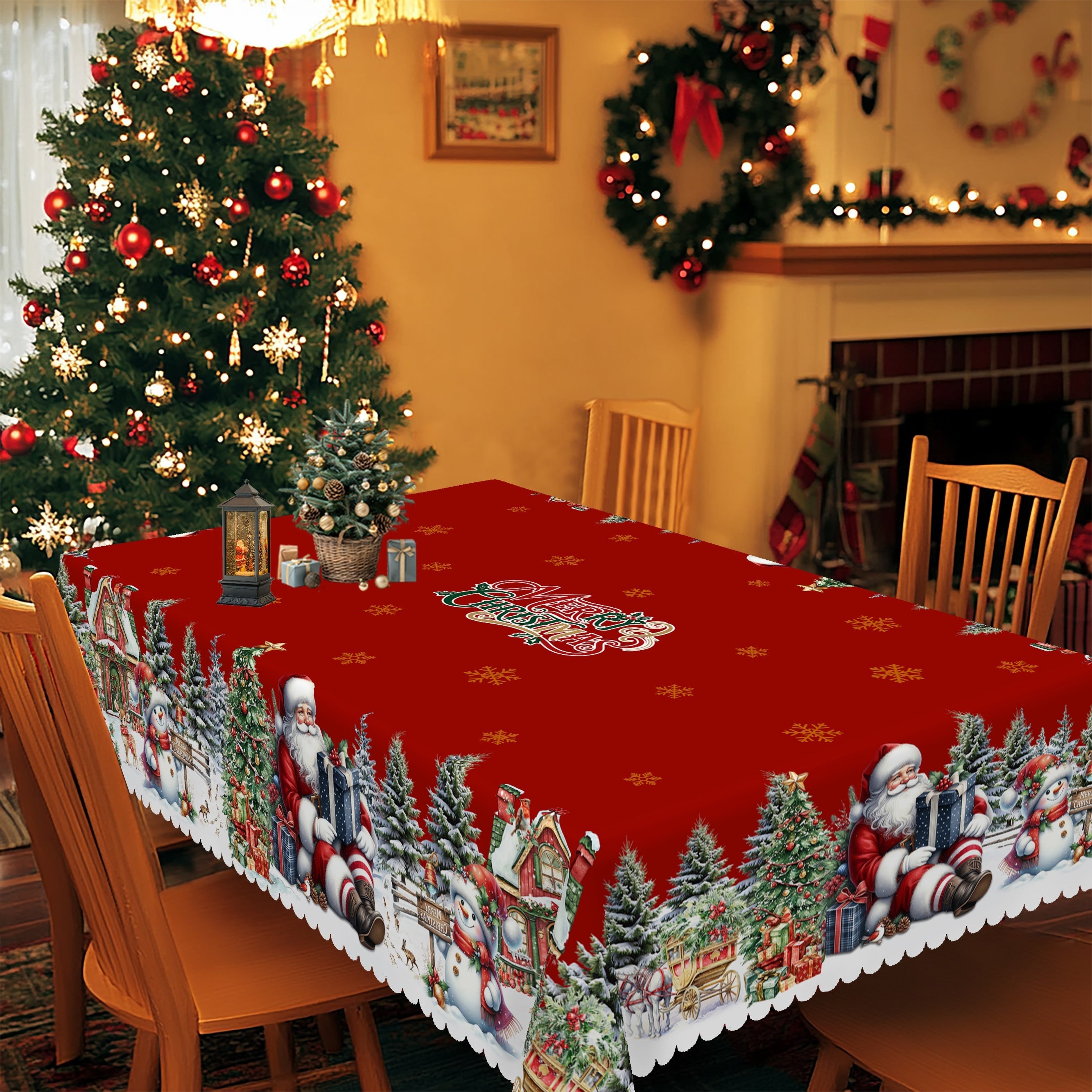 Christmas Tablecloth Christmas Tablecloth, 4 Sizes Available | Santa Claus, Snowman, and Christmas Tree Patterned, Circular and Rectangular, Kitchen Accessories, Christmas Party, Christmas Gift
