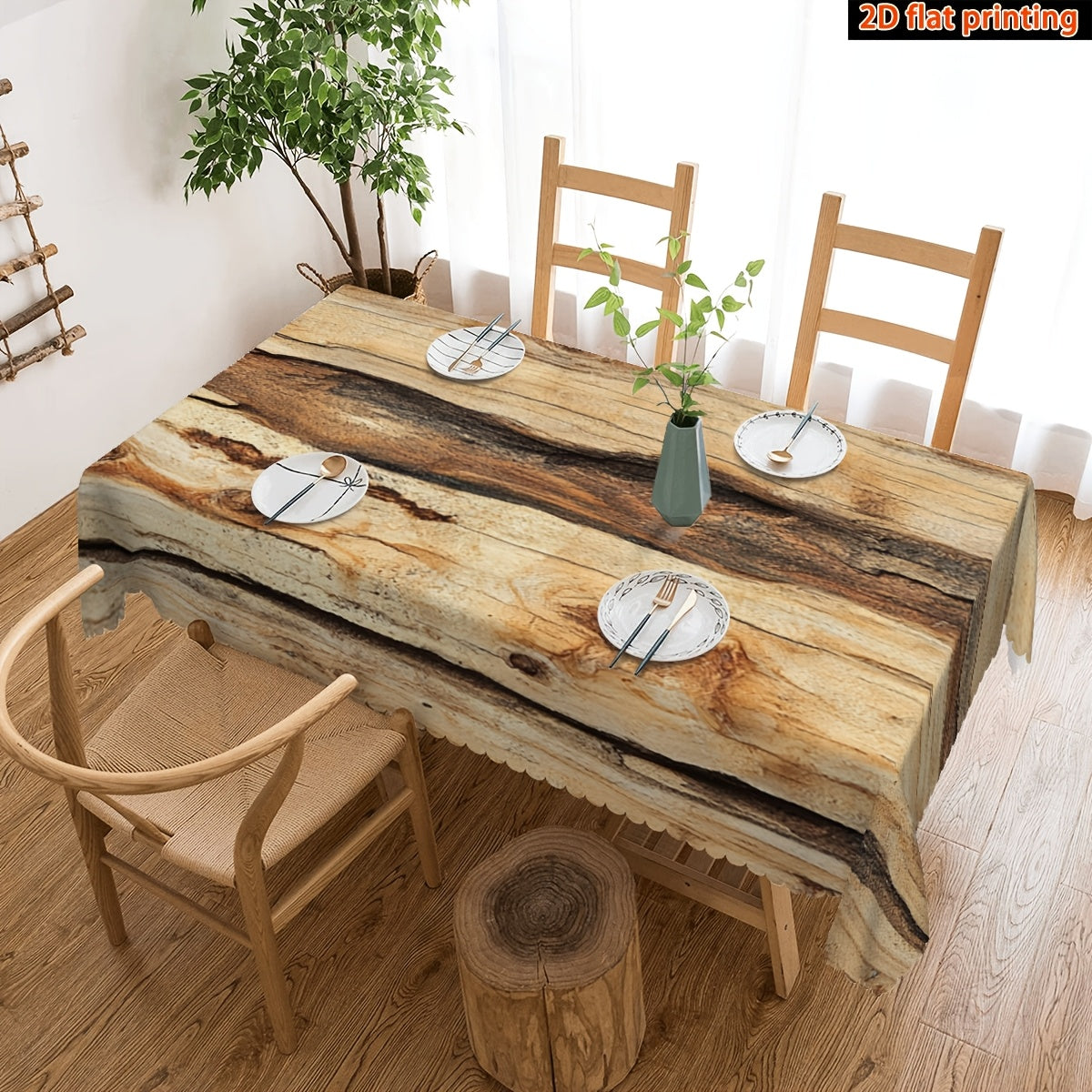 1pc 2D Flat Farmhouse Worn Wood Grain Geometric Pattern Printed Decorative Rectangular Tablecloth with Fan-Shaped Edges, Made of Durable Polyester Fabric, Suitable for Family Tablecloths, Dining Tables, Table Covers, Coffee Table Cloths
