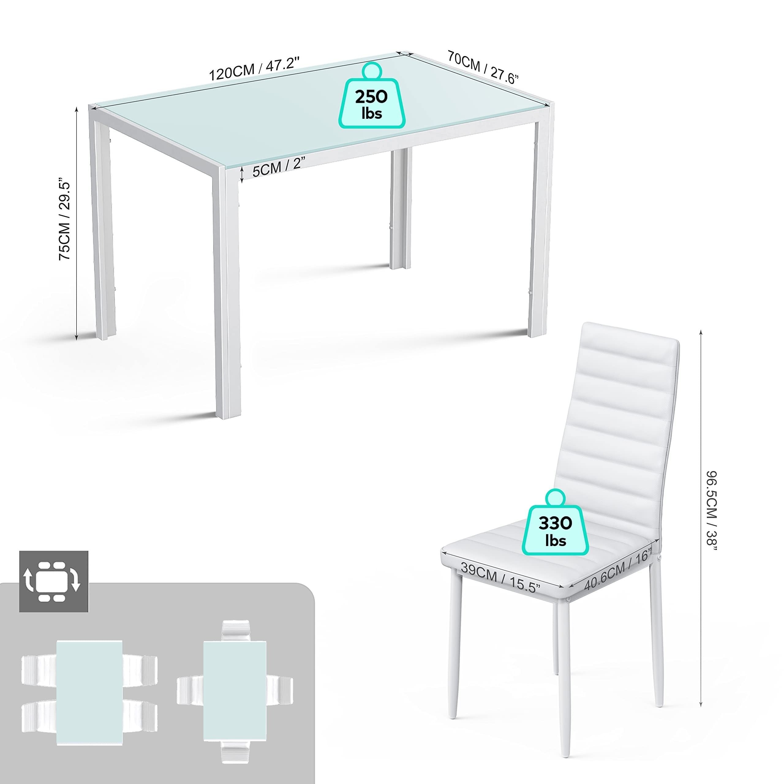 Set of 5 Glass Dining Table with Chairs for 4, Modern PU Leather Furniture for Home, Kitchen, And Living Room in White