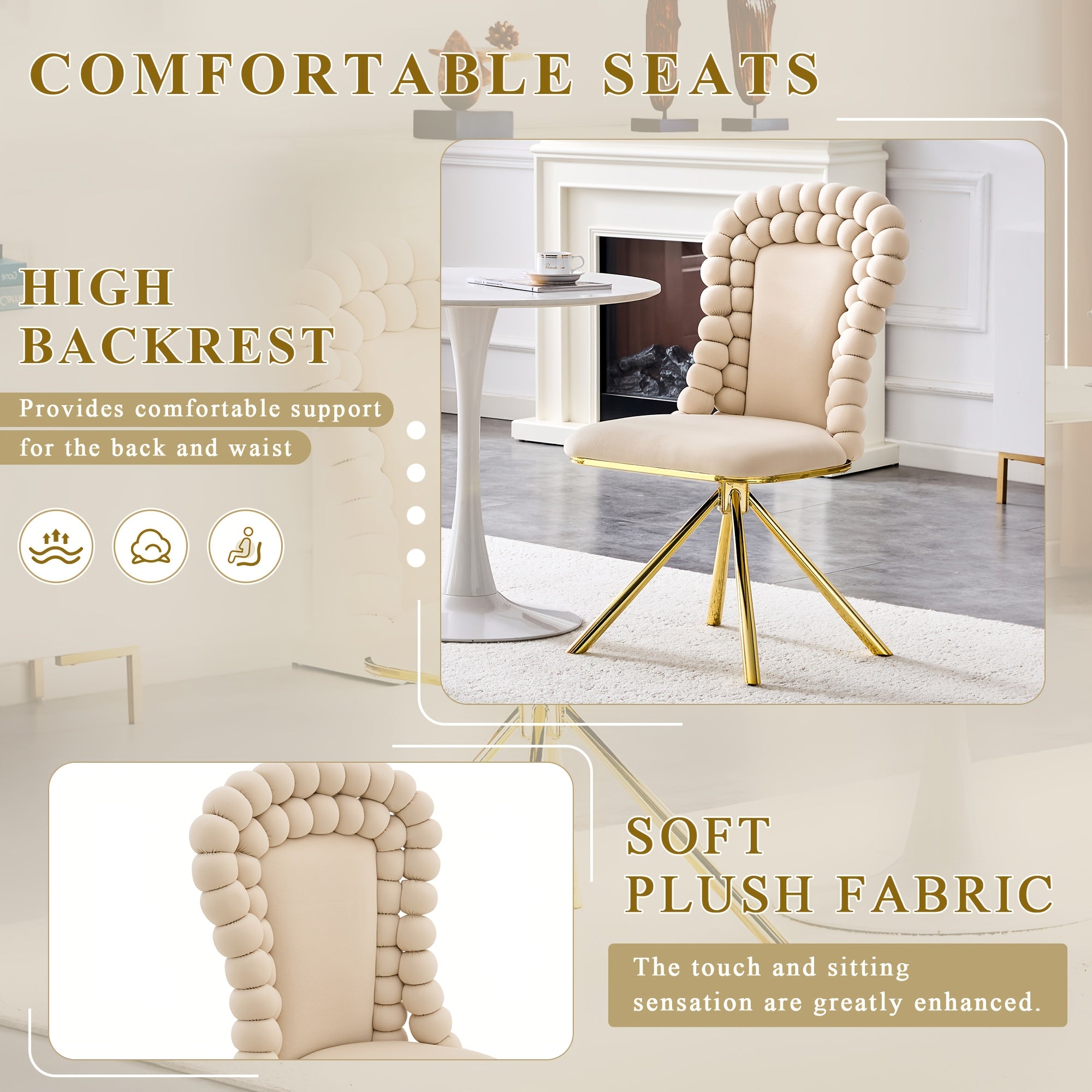 360° Swivel Dining Chairs Set Of 2, Modern Upholstered Velvet Accent Chairs with Golden Metal Legs And Unique Bubble Design Backrest, 2pcs Bubble Design Velvet Chairs for Dining Room, Living Room, Bedroom, Or Makeup Area - No Wheels