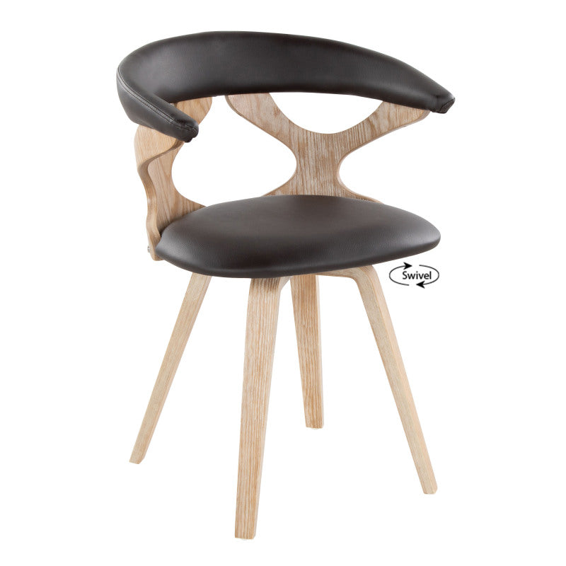 LumiSource Gardenia Chair - Mid-Century Modern Swivel Accent\u002FDining Chair with White Washed Wood Frame & Brown Faux Leather, Cut-Out Backrest, Curved Legs - Assembly Required, Use Suitable for Modern Farmhouse, Scandinavian, Mid-Century Decor