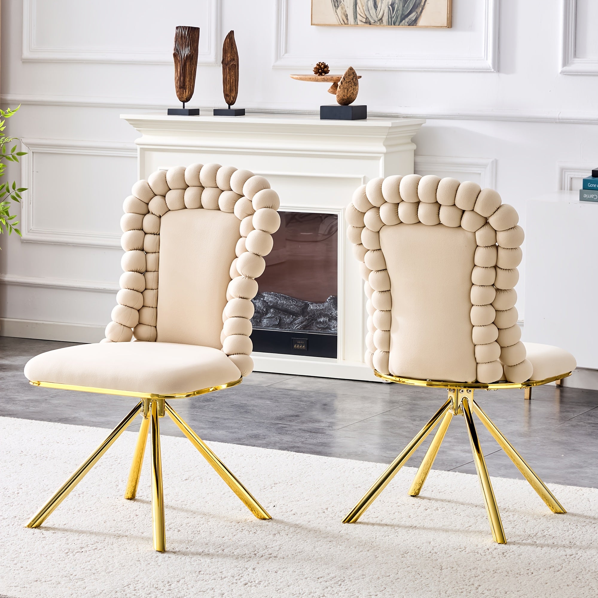 360° Swivel Dining Chairs Set Of 2, Modern Upholstered Velvet Accent Chairs with Golden Metal Legs And Unique Bubble Design Backrest, 2pcs Bubble Design Velvet Chairs for Dining Room, Living Room, Bedroom, Or Makeup Area - No Wheels