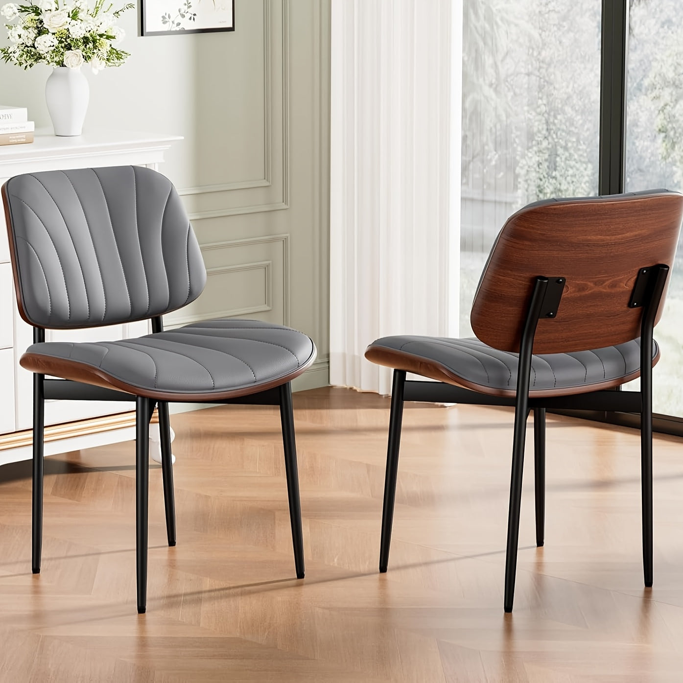 Dining Chair Set of 2, Shell Pattern Upholstered PU Leather with Adjustable Feet, Sponge Backrest and Metal Legs, Suitable for Home Restaurant & Kitchen, Kitchen Seating and Restaurant Chairs, Stylish Seating with Contemporary Design, Highquality Leather