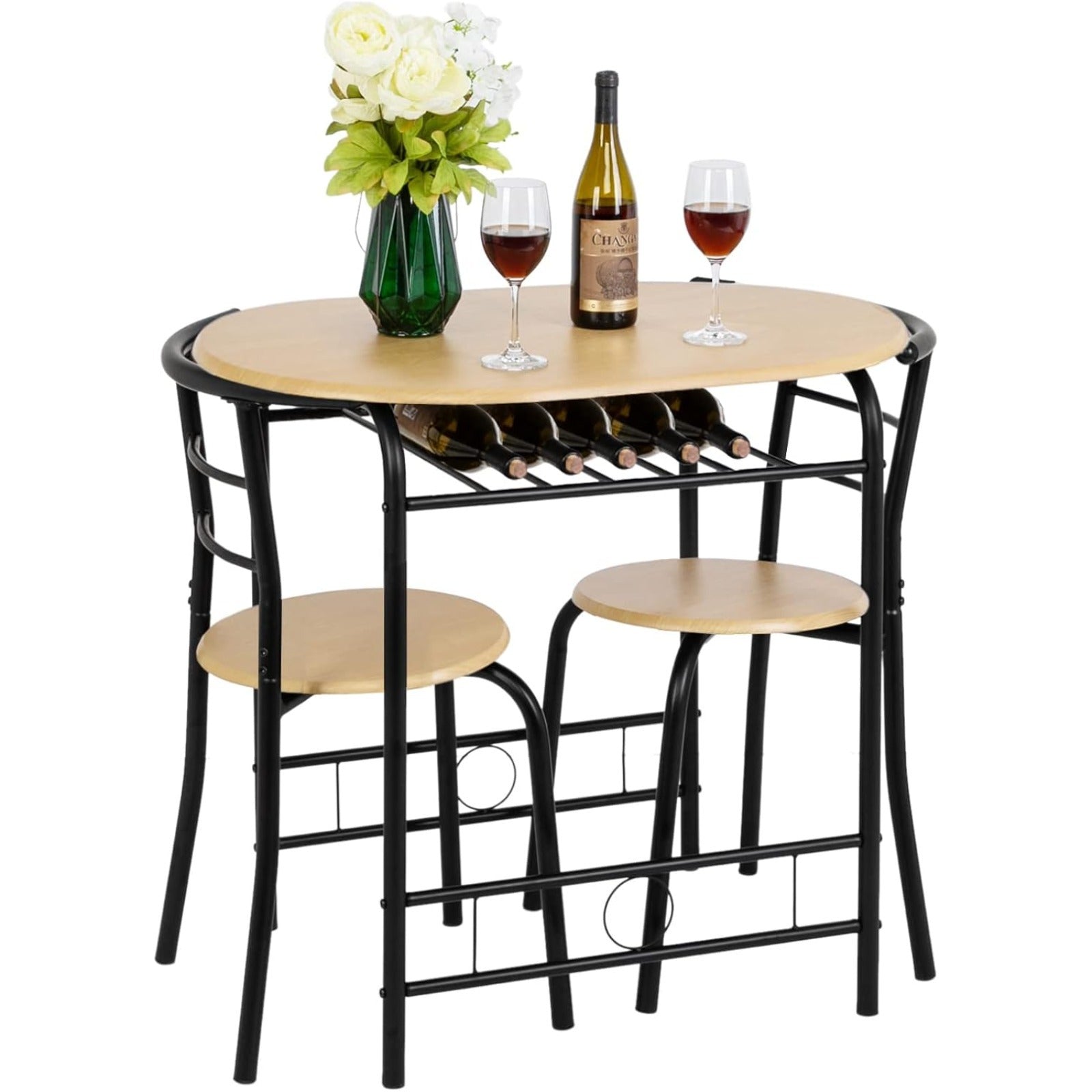 Bonnlo Minimalist 3-Piece Iron Dining Set for 2, Wooden Table and 2 Chairs Ideal for Small Kitchen, Dining Room, Apartment, Balcony & Coffee Nook, Breakfast & Negotiation Table with Storage Shelf, Metal Frame