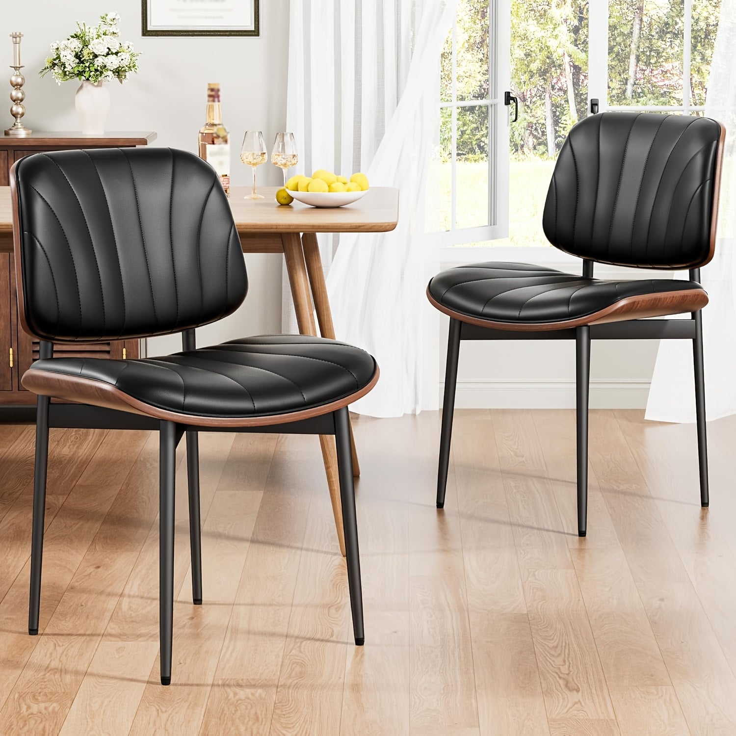 Dining Chair Set of 2, Shell Pattern Upholstered PU Leather with Adjustable Feet, Sponge Backrest and Metal Legs, Suitable for Home Restaurant & Kitchen, Kitchen Seating and Restaurant Chairs, Stylish Seating with Contemporary Design, Highquality Leather