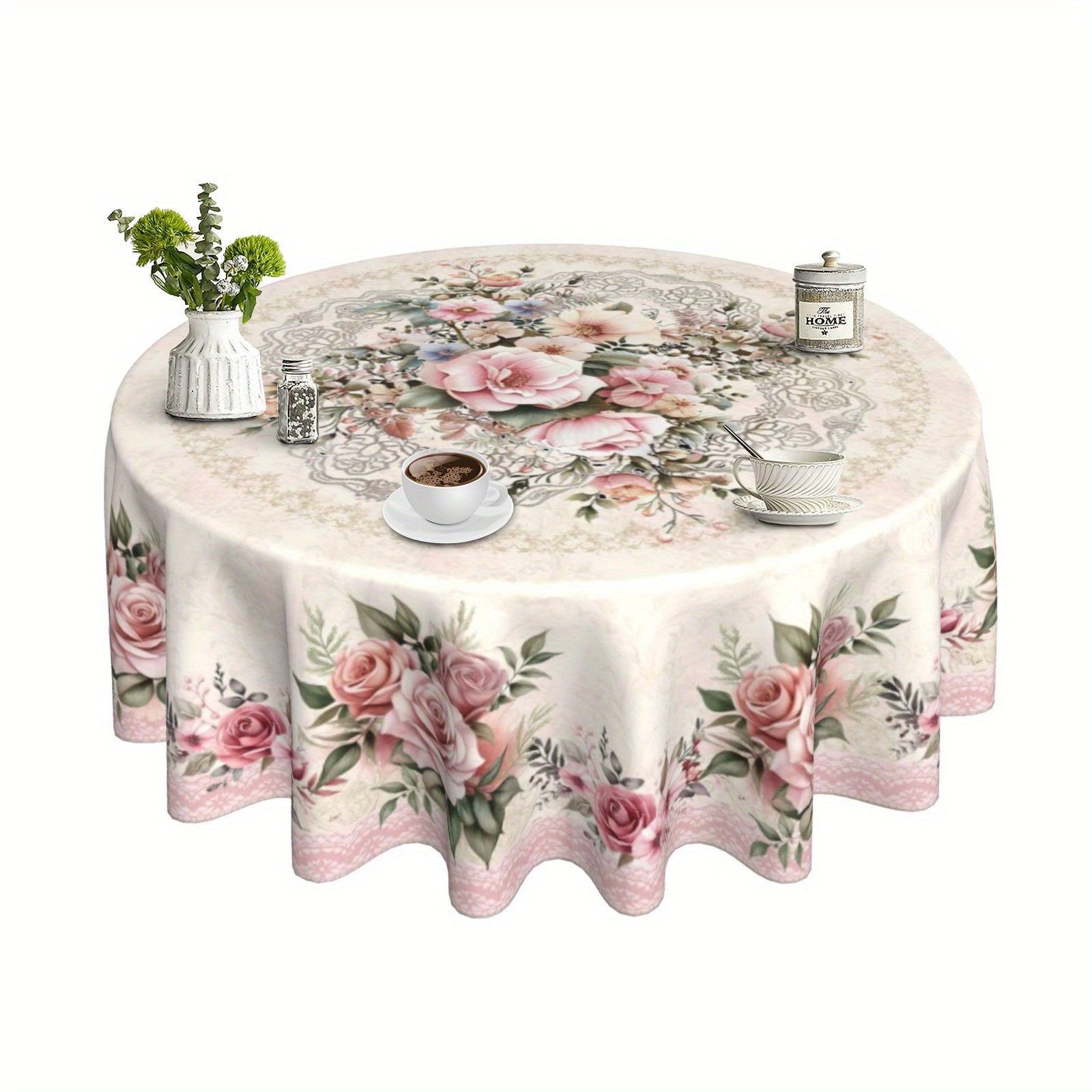 A Polyester Tablecloth Featuring a Vintage Rose Floral Pattern, Perfect for Spring And Summer Celebrations Like Valentine'S Day And Mother'S Day, Suitable for Picnics, Dinners, And Kitchen Or Restaurant Decor