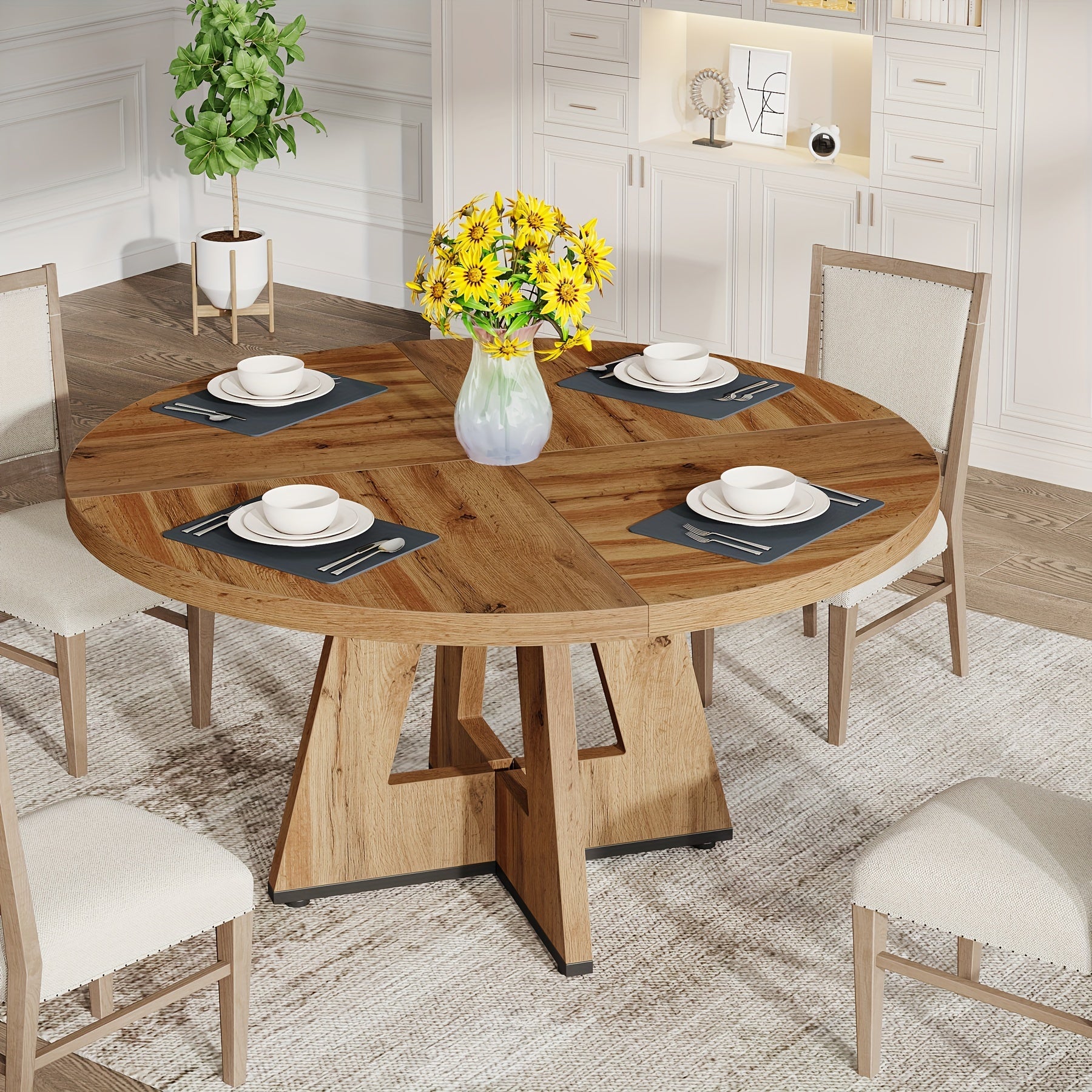47-Inch Round Farmhouse Dining Table Suitable for 4 - Rustic Wood Table with Heavy-Duty Metal Base, MDF Top & Wood - Assembly Countryside Dinner Table, Dining Room or \u002FOutdoor Use