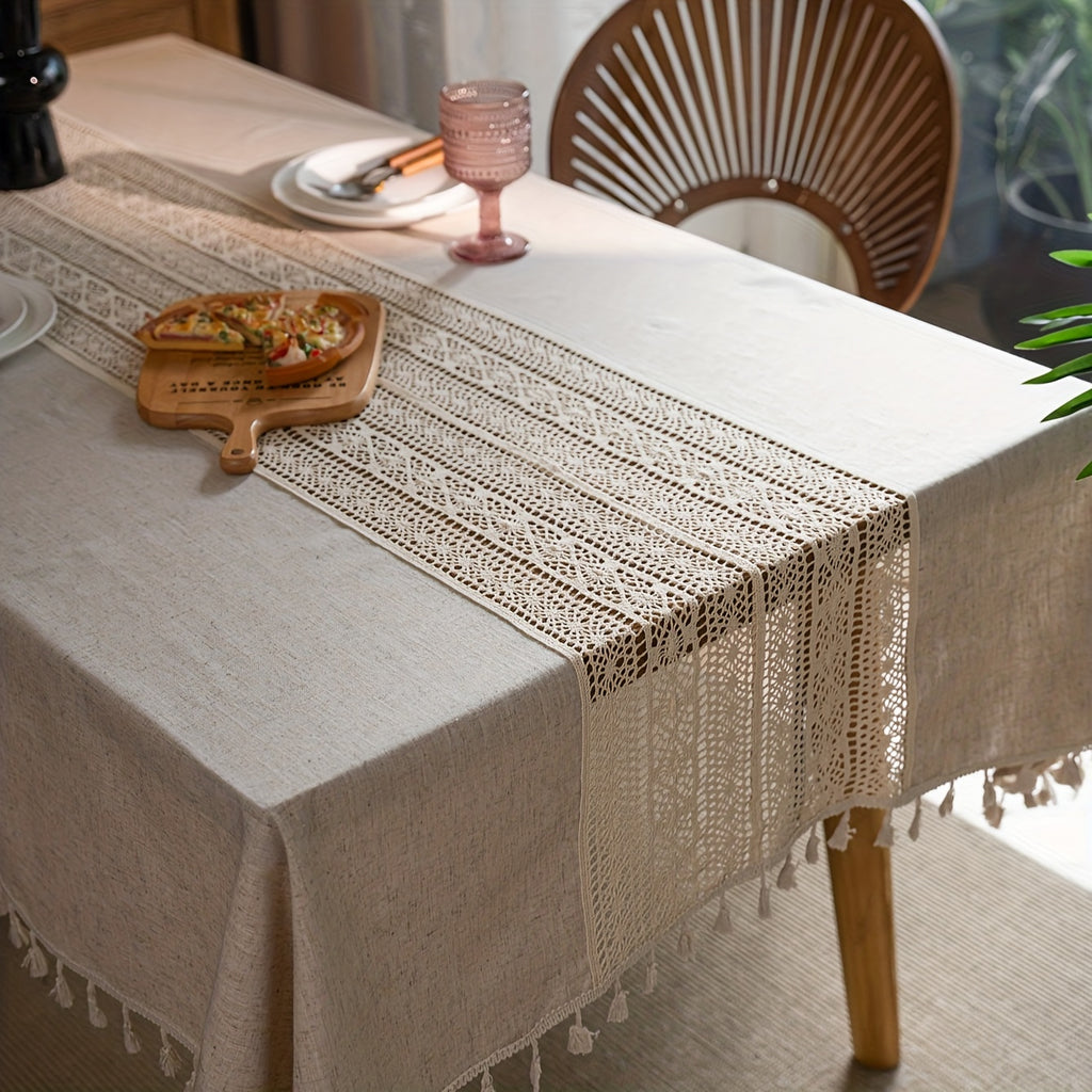 1pc Bohemian Hand-Crocheted Polyester Hemp Tablecloth | Retro Hollow Beige Fringed, Suitable for Christmas, Picnic, Dust Decoration, Square Shape, 110-120gsm