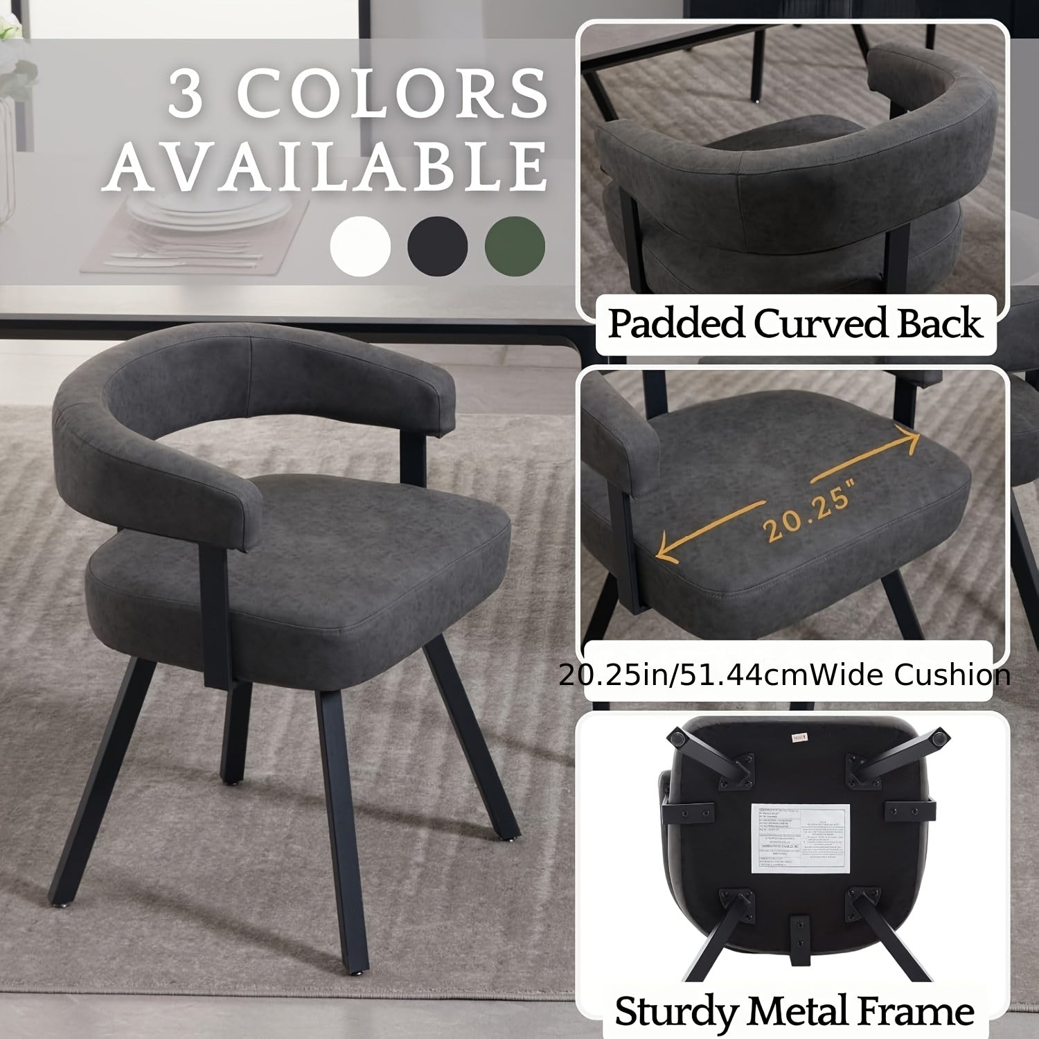 2Pcs Modern Simple and Elegant Bucket Shaped Dining Chairs, PU Chenille Cushioned Dining Chairs with Armrests, Comfortable Kitchen Chairs with Black Metal Legs, Suitable for Dining\u002F living Rooms