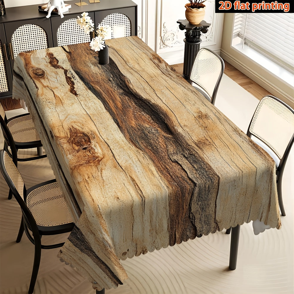 1pc 2D Flat Farmhouse Worn Wood Grain Geometric Pattern Printed Decorative Rectangular Tablecloth with Fan-Shaped Edges, Made of Durable Polyester Fabric, Suitable for Family Tablecloths, Dining Tables, Table Covers, Coffee Table Cloths