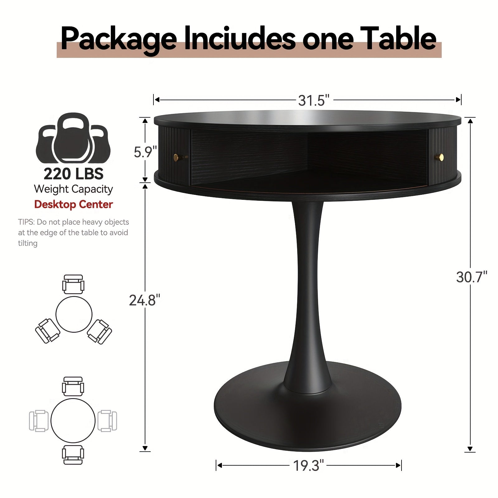 31.5-inch Round Dining Table | Suitable for 2-3 People, Farmhouse-style Wooden Kitchen Table with Mid-century Modern Design, Metal Base, Two Sliding Doors, Four Hidden Storage Compartments, Ideal for Small Spaces, Apartments, Cafes