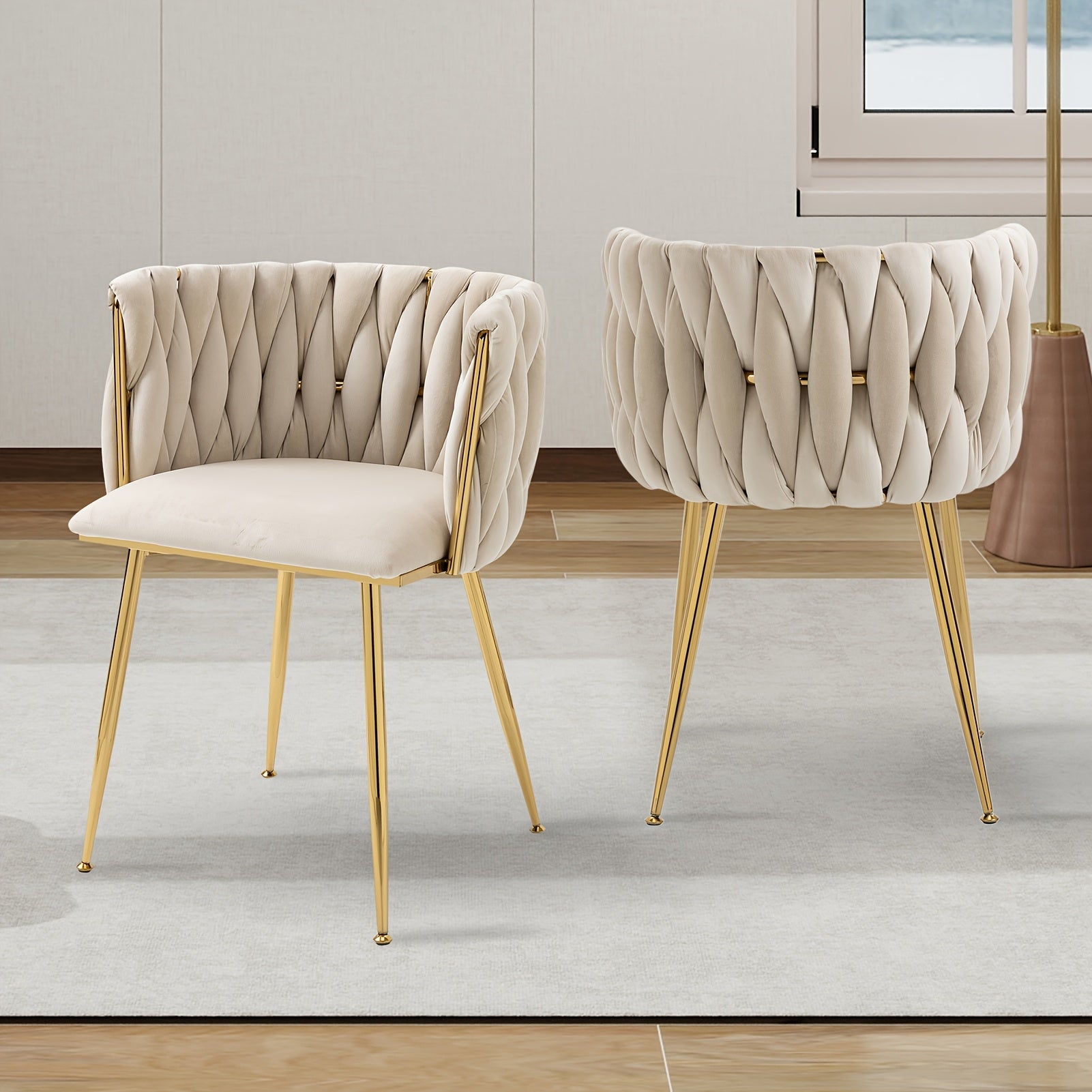 Velvet Dining Chairs Set of 2, Accent Chairs With Golden Metal Legs, Woven Upholstered, For Living Room\u002FBedroom\u002FKitchen