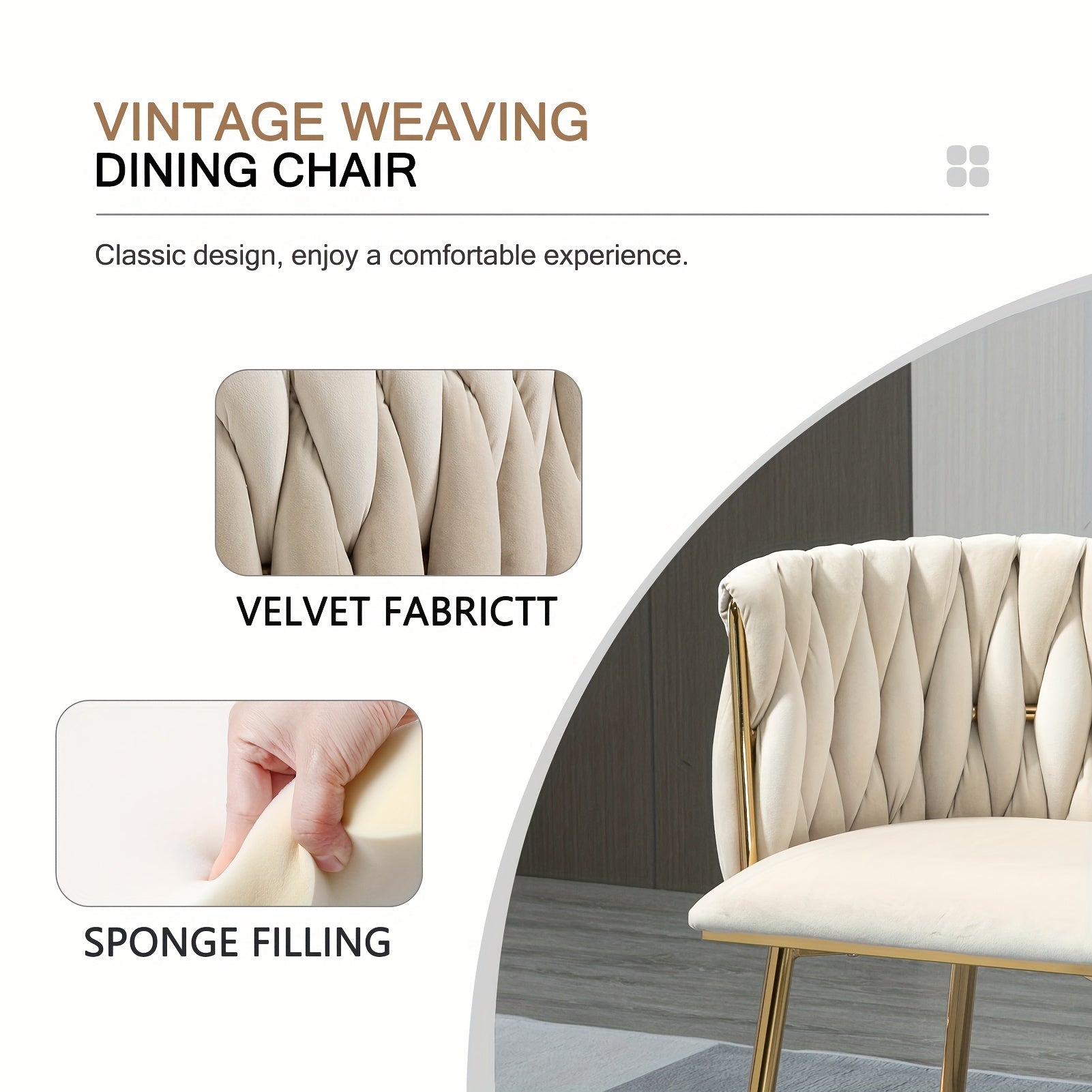 Velvet Dining Chairs Set of 2, Accent Chairs With Golden Metal Legs, Woven Upholstered, For Living Room\u002FBedroom\u002FKitchen