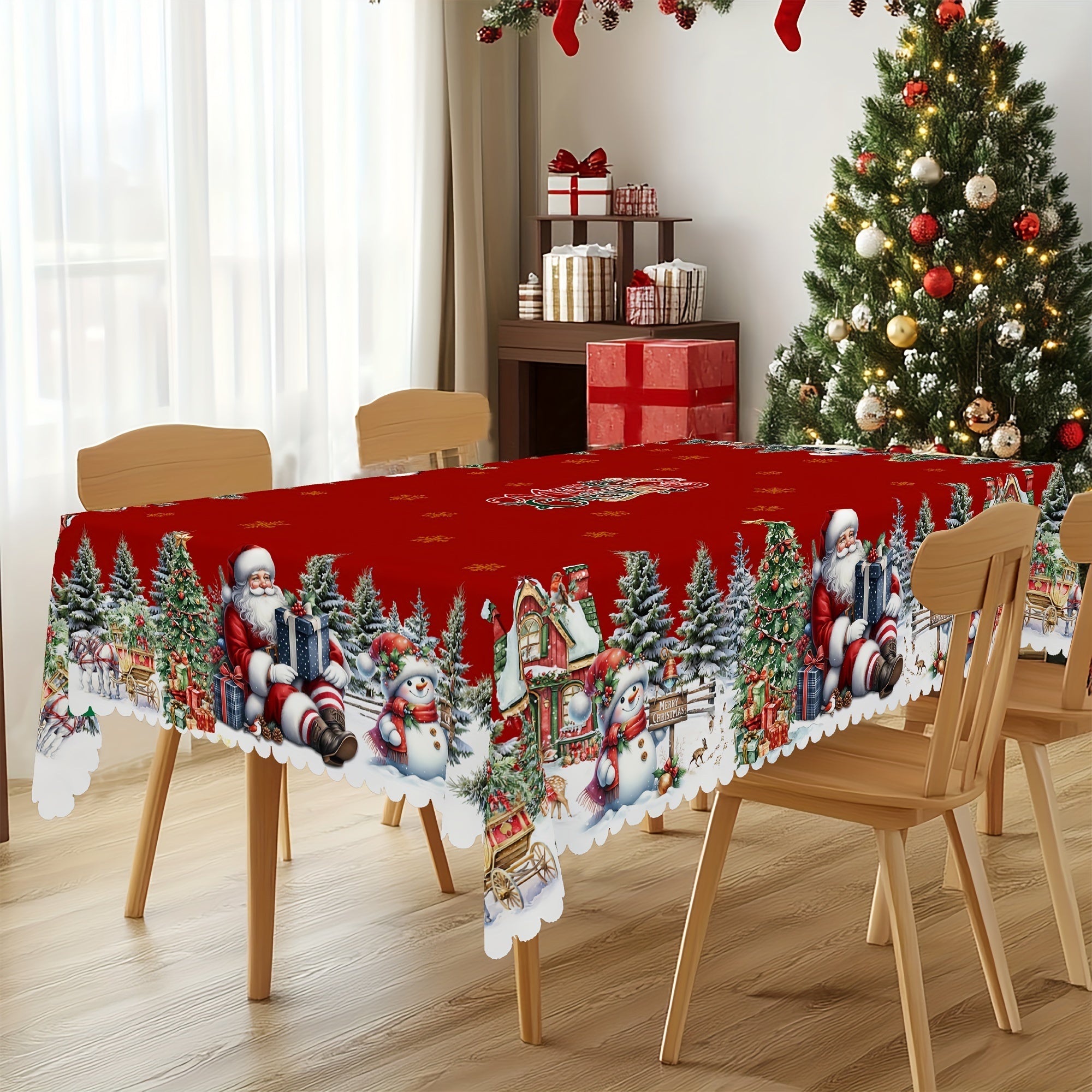 Christmas Tablecloth Christmas Tablecloth, 4 Sizes Available | Santa Claus, Snowman, and Christmas Tree Patterned, Circular and Rectangular, Kitchen Accessories, Christmas Party, Christmas Gift