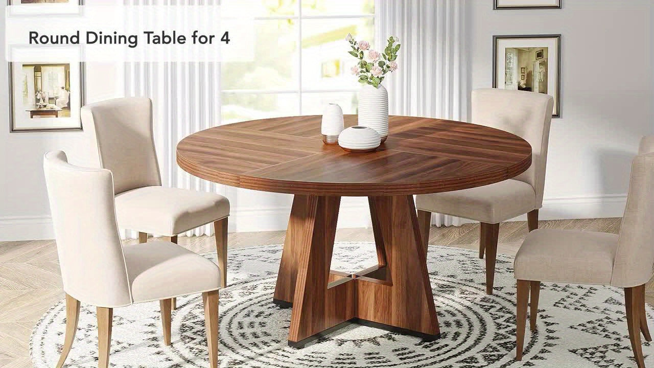 47-Inch Round Farmhouse Dining Table Suitable for 4 - Rustic Wood Table with Heavy-Duty Metal Base, MDF Top & Wood - Assembly Countryside Dinner Table, Dining Room or \u002FOutdoor Use
