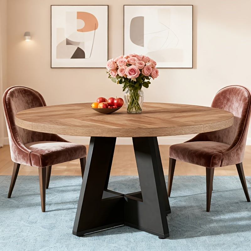 47-Inch Round Farmhouse Dining Table Suitable for 4 - Rustic Wood Table with Heavy-Duty Metal Base, MDF Top & Wood - Assembly Countryside Dinner Table, Dining Room or \u002FOutdoor Use