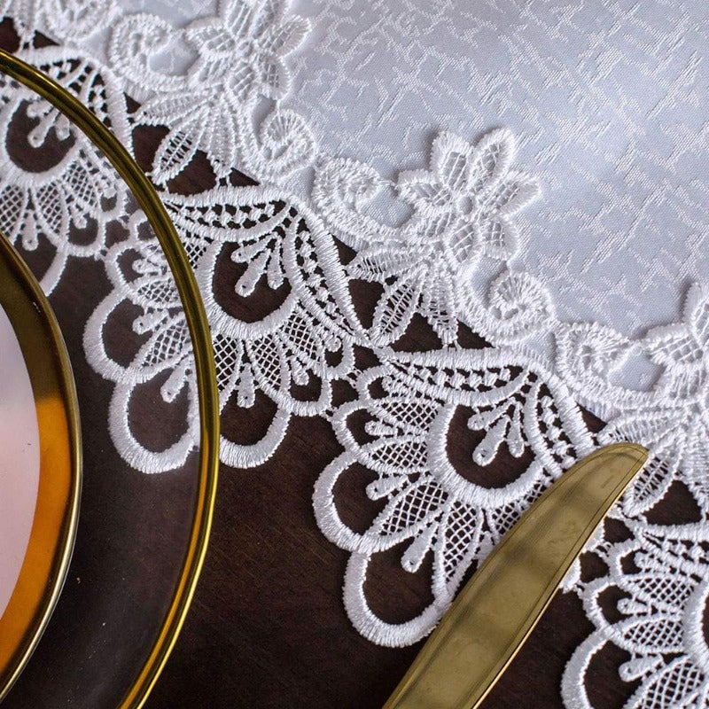 Handmade White Lace & Macrame Tablecloth with Clear Embroidery - Heavy-Duty Handwoven Border, Wrinkle & Shrink-Resistant Long Dining Table Cover Suitable for Weddings, Holidays, Parties - 52\