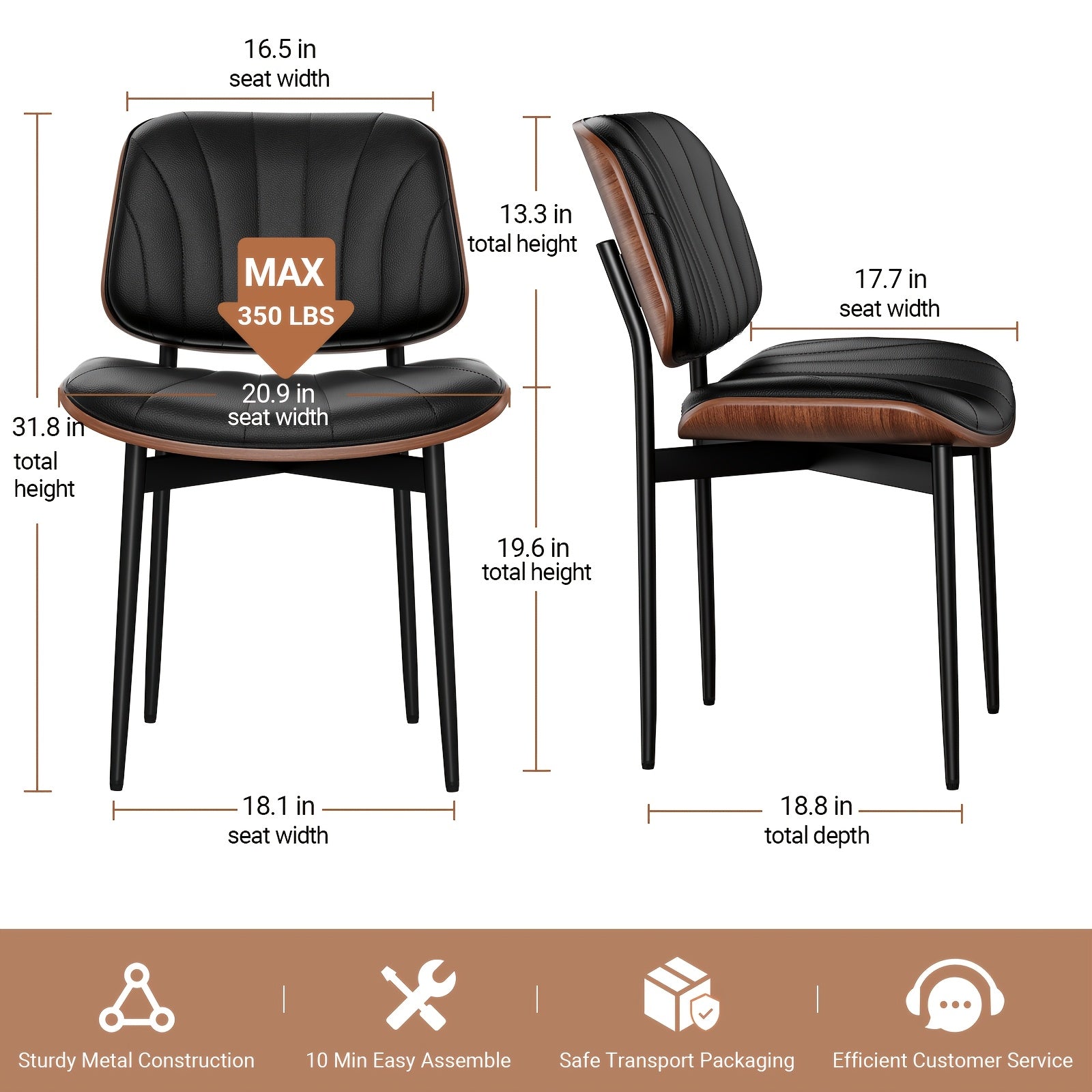Dining Chair Set of 2, Shell Pattern Upholstered PU Leather with Adjustable Feet, Sponge Backrest and Metal Legs, Suitable for Home Restaurant & Kitchen, Kitchen Seating and Restaurant Chairs, Stylish Seating with Contemporary Design, Highquality Leather