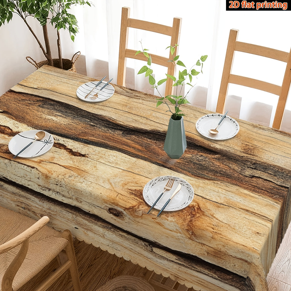 1pc 2D Flat Farmhouse Worn Wood Grain Geometric Pattern Printed Decorative Rectangular Tablecloth with Fan-Shaped Edges, Made of Durable Polyester Fabric, Suitable for Family Tablecloths, Dining Tables, Table Covers, Coffee Table Cloths