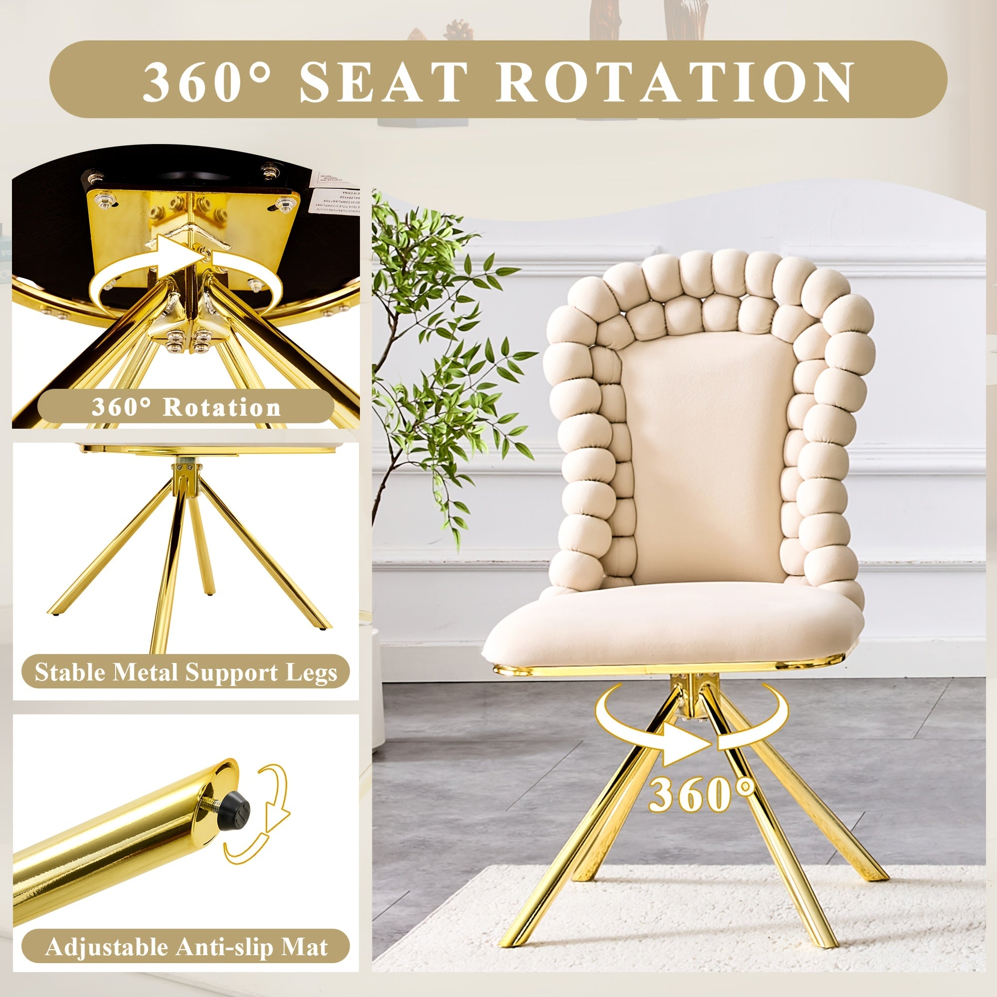 360° Swivel Dining Chairs Set Of 2, Modern Upholstered Velvet Accent Chairs with Golden Metal Legs And Unique Bubble Design Backrest, 2pcs Bubble Design Velvet Chairs for Dining Room, Living Room, Bedroom, Or Makeup Area - No Wheels