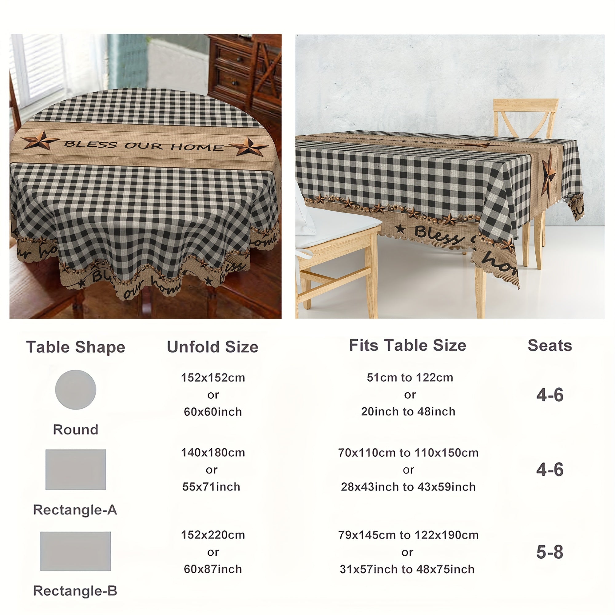 1pc Farmhouse Style Vintage Country Star Black Plaid | Decorative Dining Cloth, Polyester, Round & Rectangular Tablecloth, Indoor\u002FOutdoor, Stain &, Wrinkle-Free, Easy Care, Edge Embossed, Washable, Suitable for Dinner Party, Wedding, Home