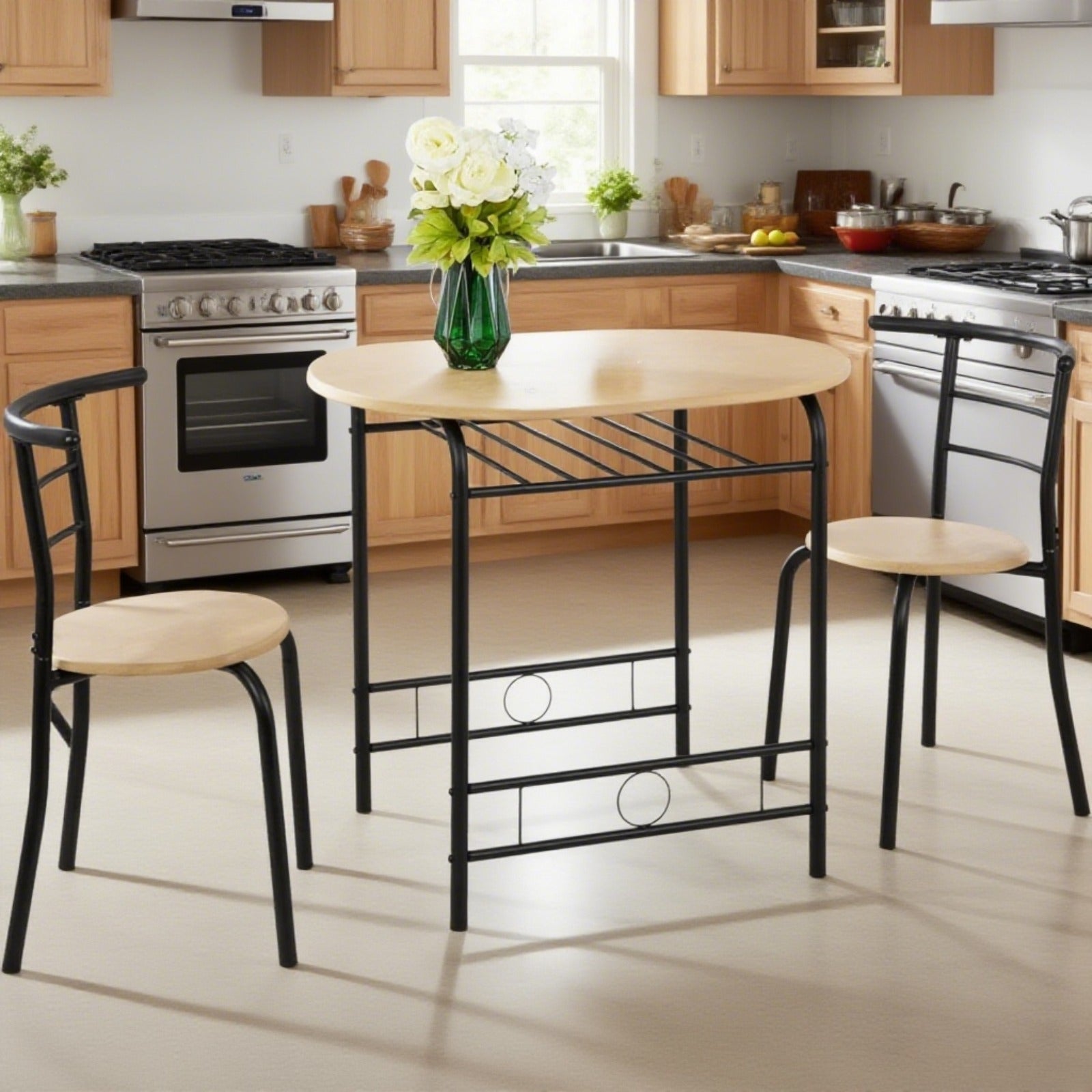 Bonnlo Minimalist 3-Piece Iron Dining Set for 2, Wooden Table and 2 Chairs Ideal for Small Kitchen, Dining Room, Apartment, Balcony & Coffee Nook, Breakfast & Negotiation Table with Storage Shelf, Metal Frame