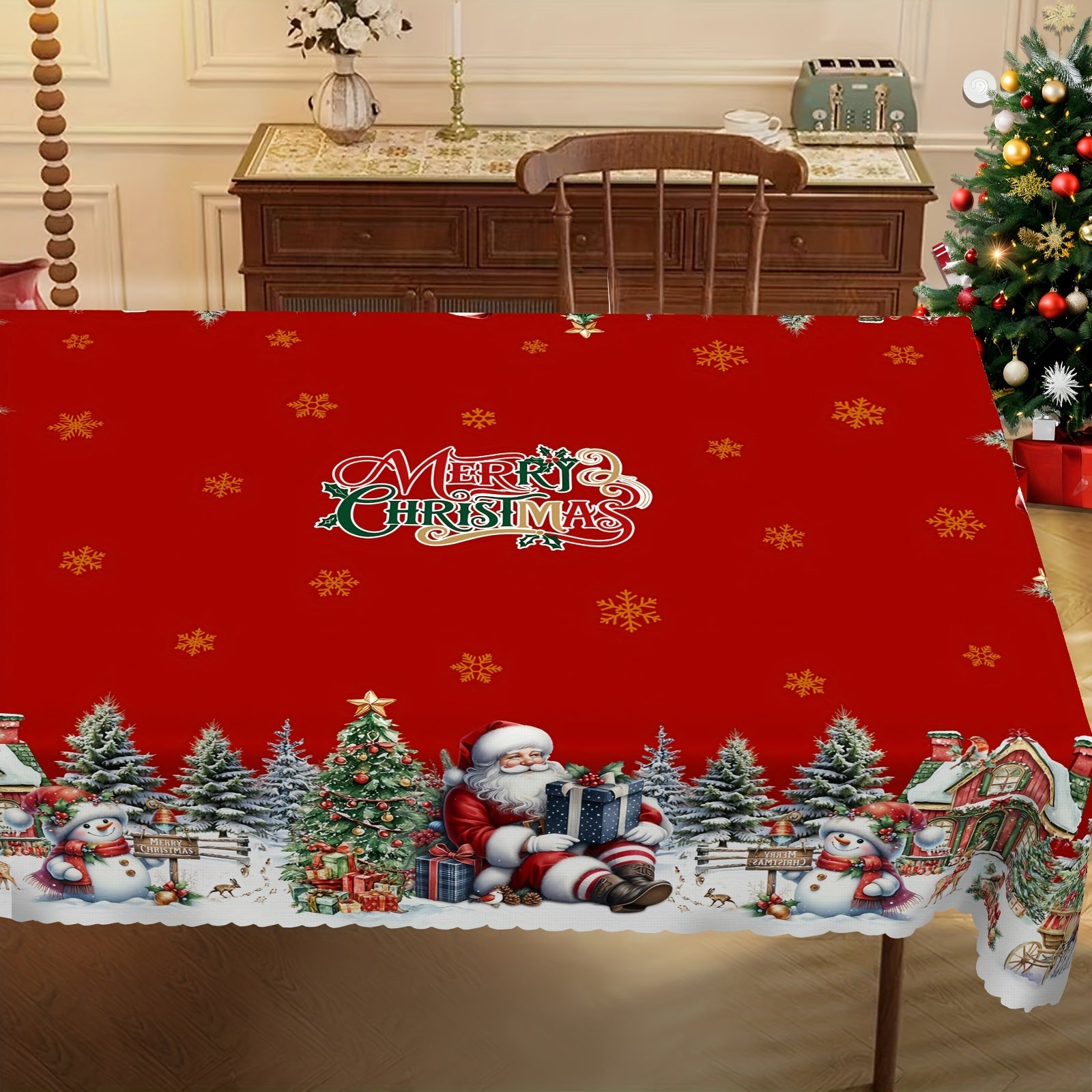 Christmas Tablecloth Christmas Tablecloth, 4 Sizes Available | Santa Claus, Snowman, and Christmas Tree Patterned, Circular and Rectangular, Kitchen Accessories, Christmas Party, Christmas Gift