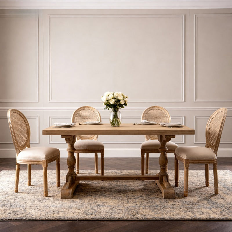 Set of 2 French Style Solid Wood Frame Linen Fabric Rattan Back Dining Chairs | Beige, Modern Style, Dry Clean Care